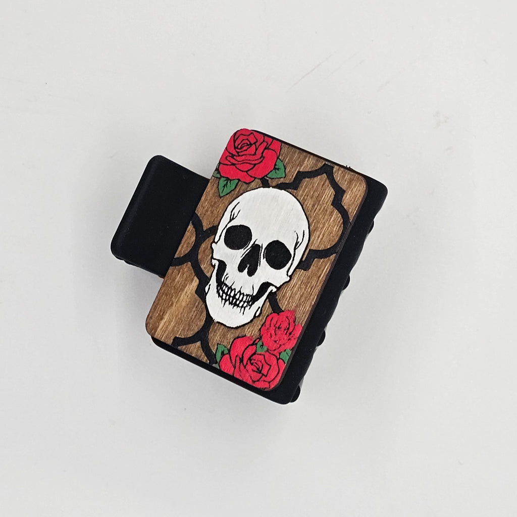 Skulls & Roses Hair Claw Clip | Hand-Painted Wood - SCHBB1