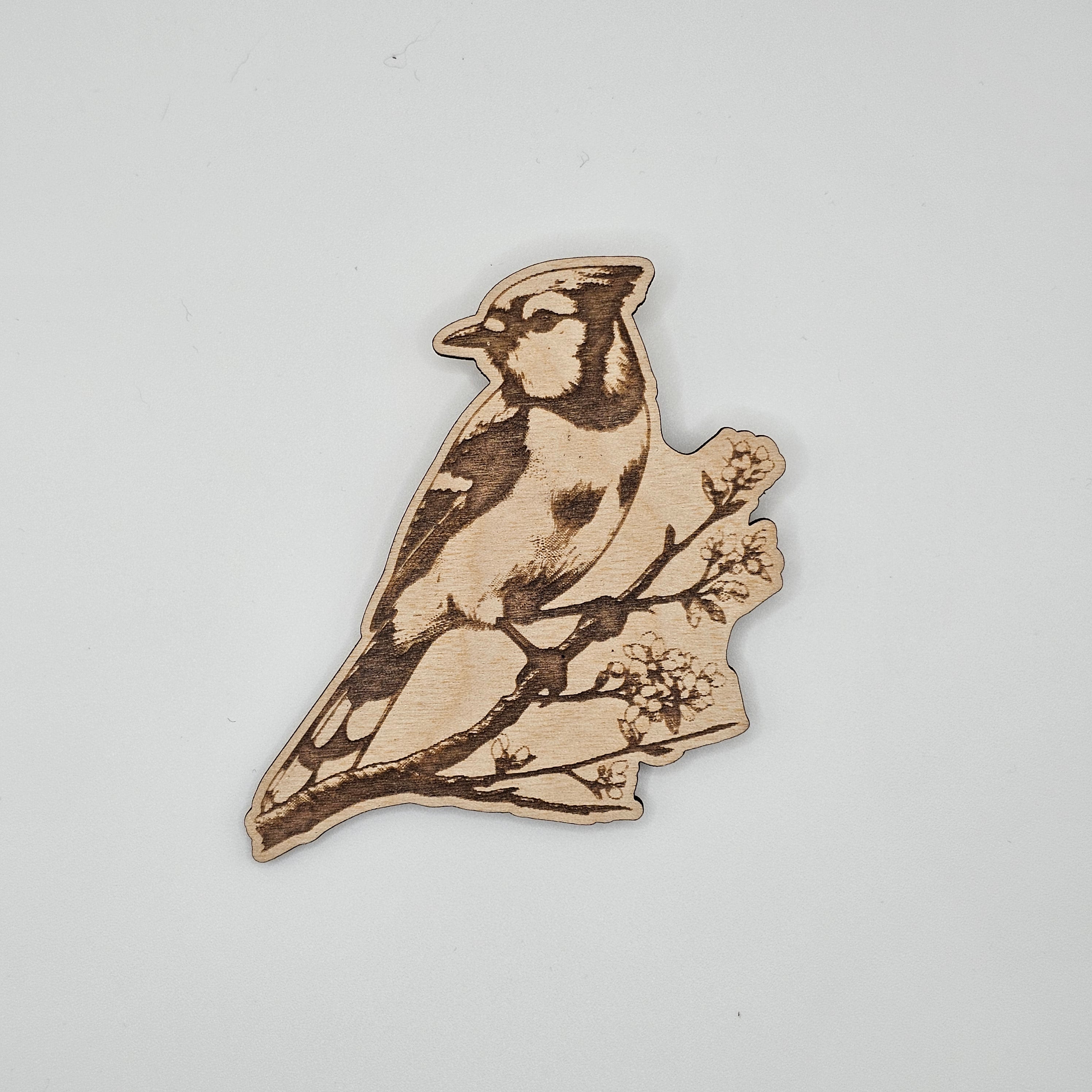 Laser-engraved wood magnet shaped like a blue jay perched on a flowering branch with detailed feather engraving