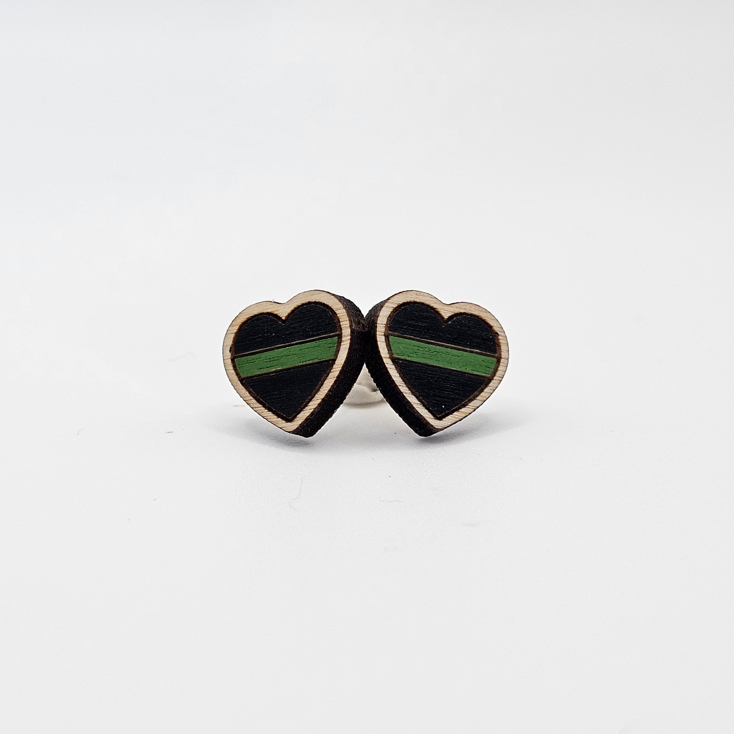 Thin Green Line Heart Stud Earring | Hand-Painted | Surgical Steel - SEHPX71