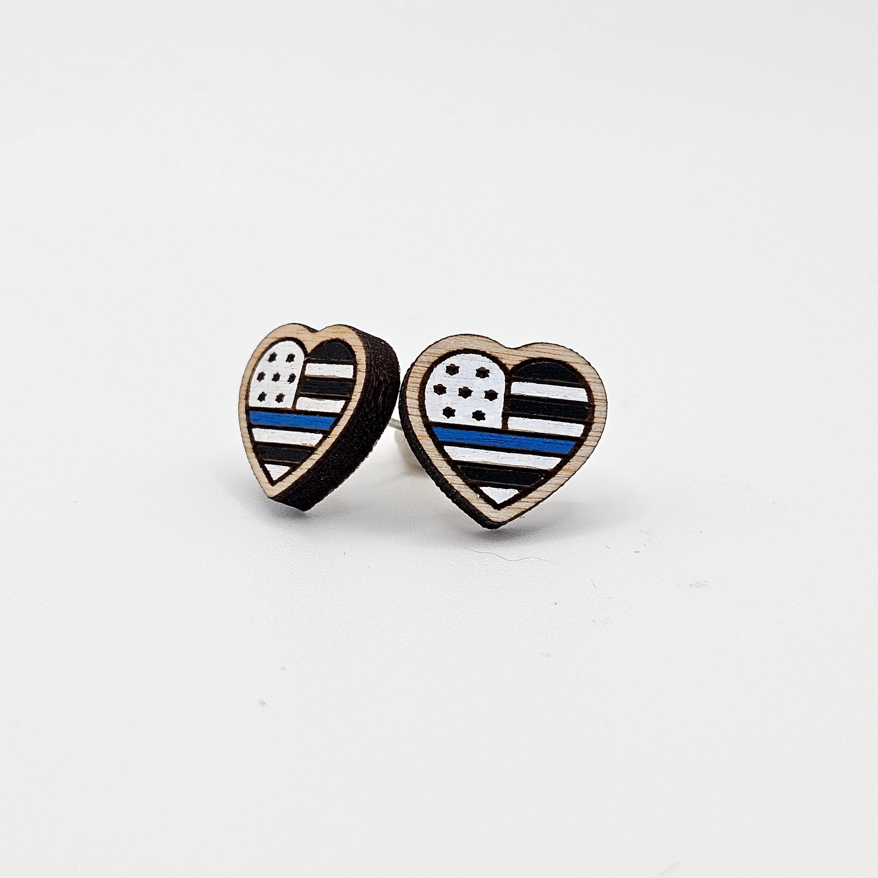 Thin Blue Line Flag Heart Stud Earring | Hand-Painted | Surgical Steel - SEHPX28