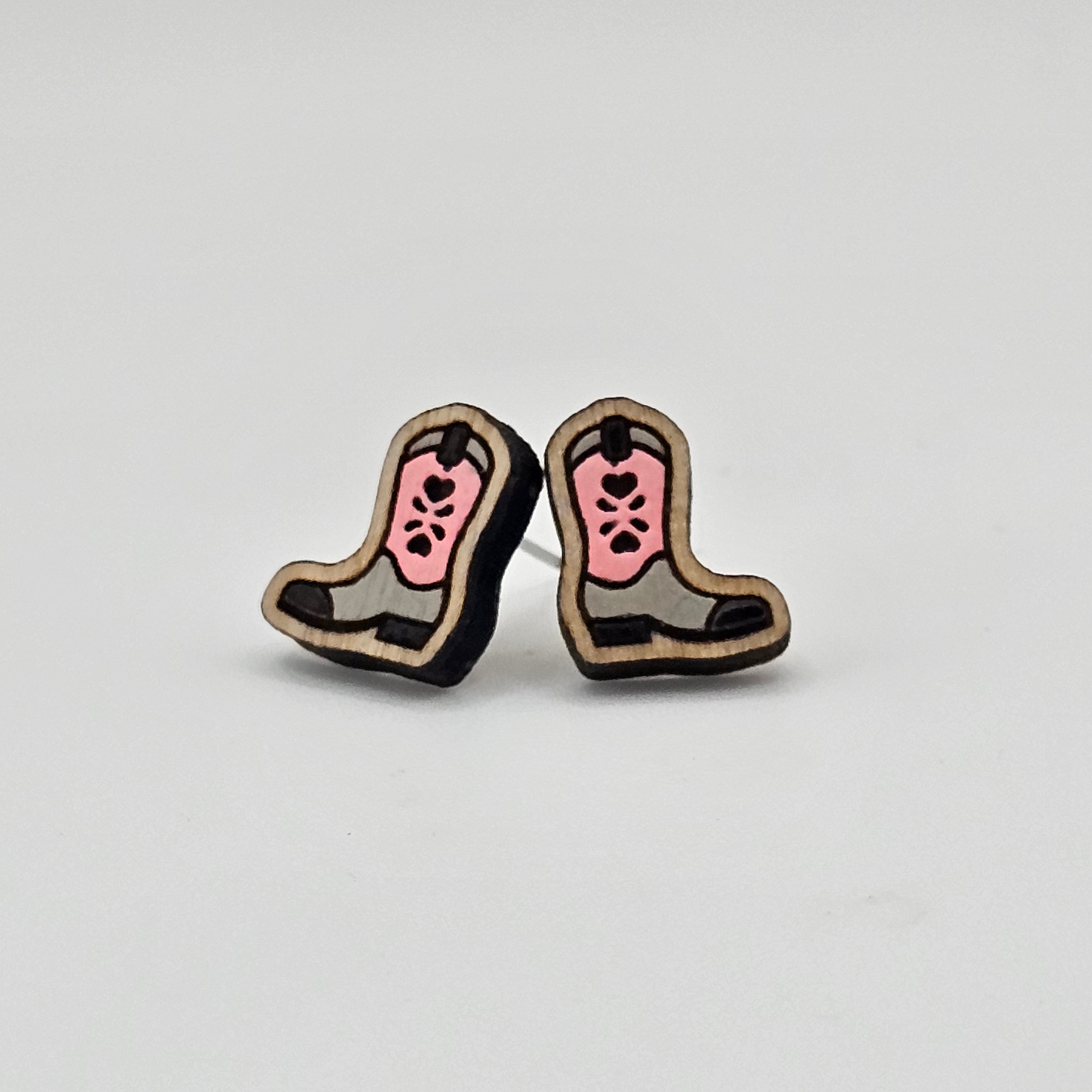 Pink Cowboy Boot Stud Earrings | Laser Engraved Wood | Surgical Steel - SEHPX81