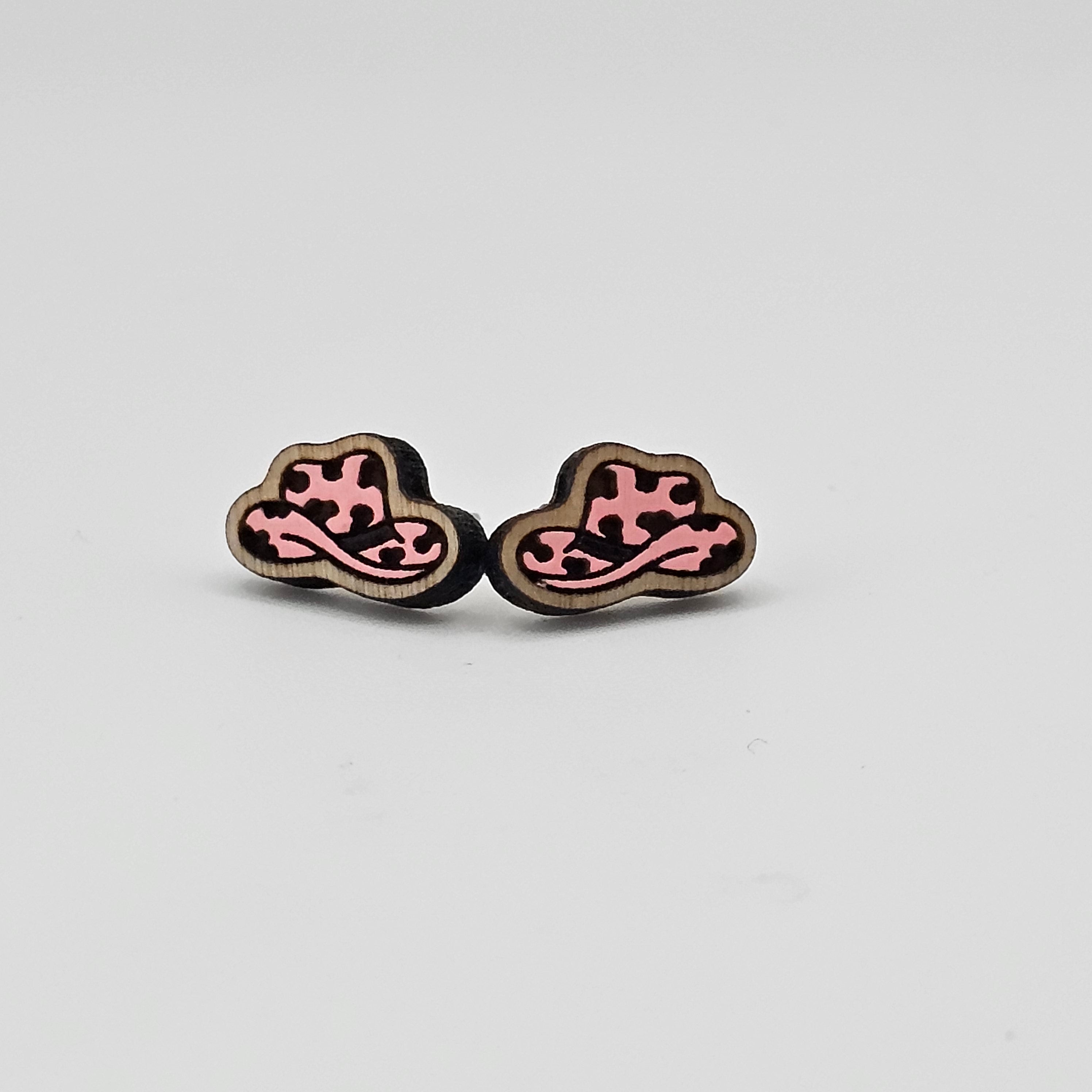 Pink Leopard Print Cowboy Hat Stud Earrings | Laser Engraved Wood | Surgical Steel - SEHPX79