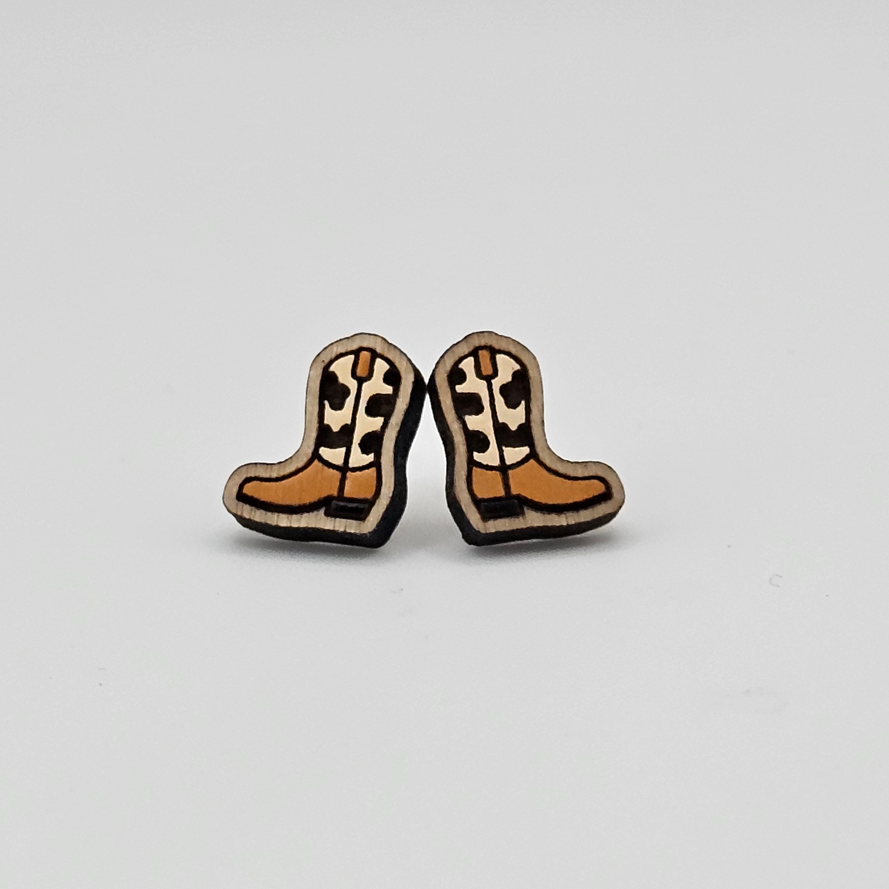 Cowboy Boot Stud Earrings | Laser Engraved Wood | Surgical Steel - SEHPX80