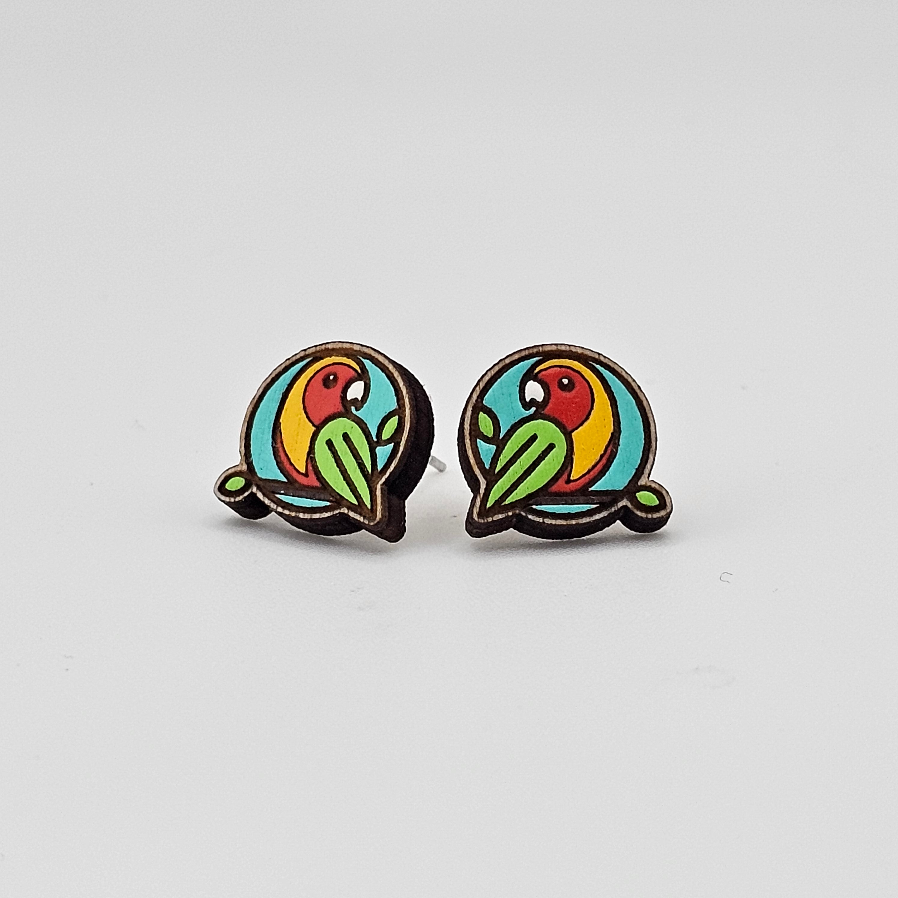 Stained Glass Parrot Stud Earrings | Laser Engraved Wood | Surgical Steel - SEHSA1