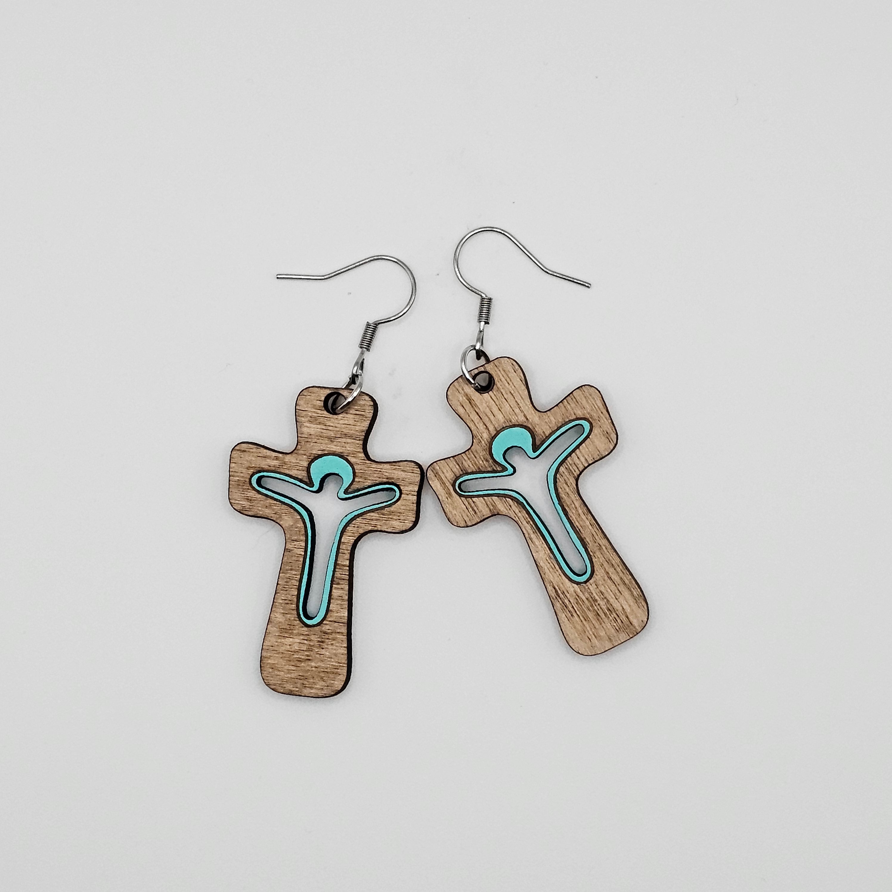 Cross Dangle Earrings | Laser Engraved Wood | Surgical Steel - DEHCB1