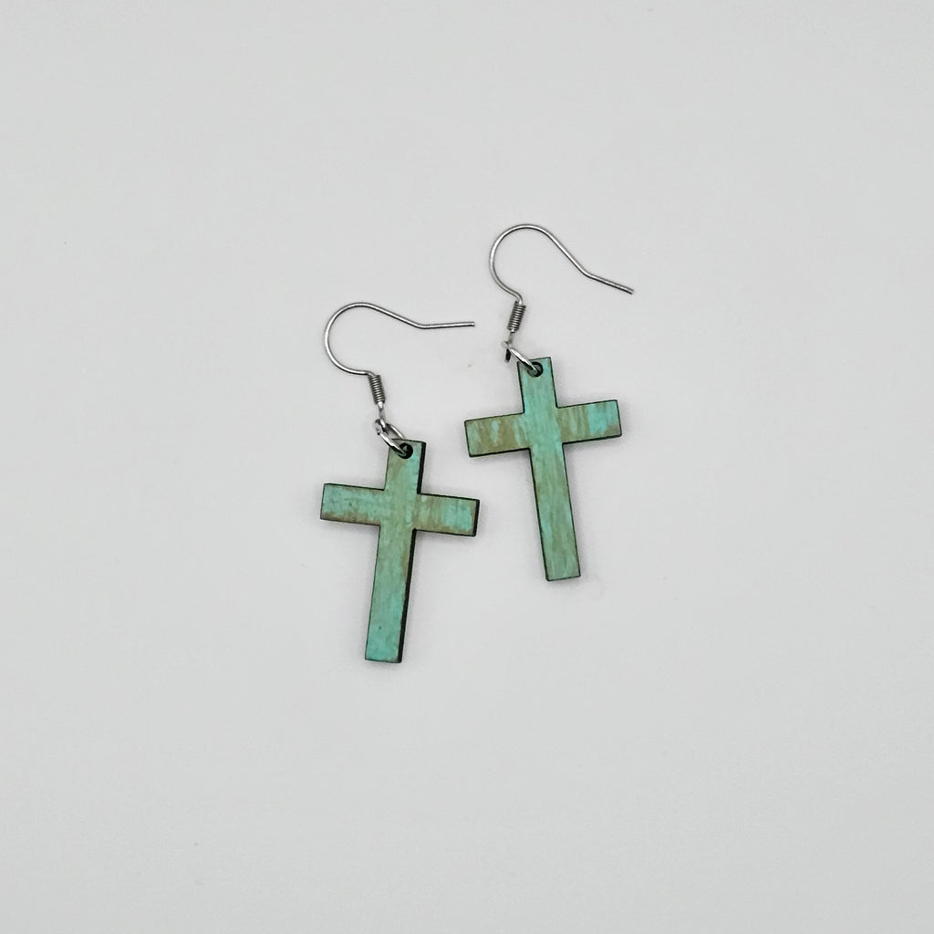 Cross Dangle Earrings | Turquoise | Laser Cut Wood | Surgical Steel - DEHSM1