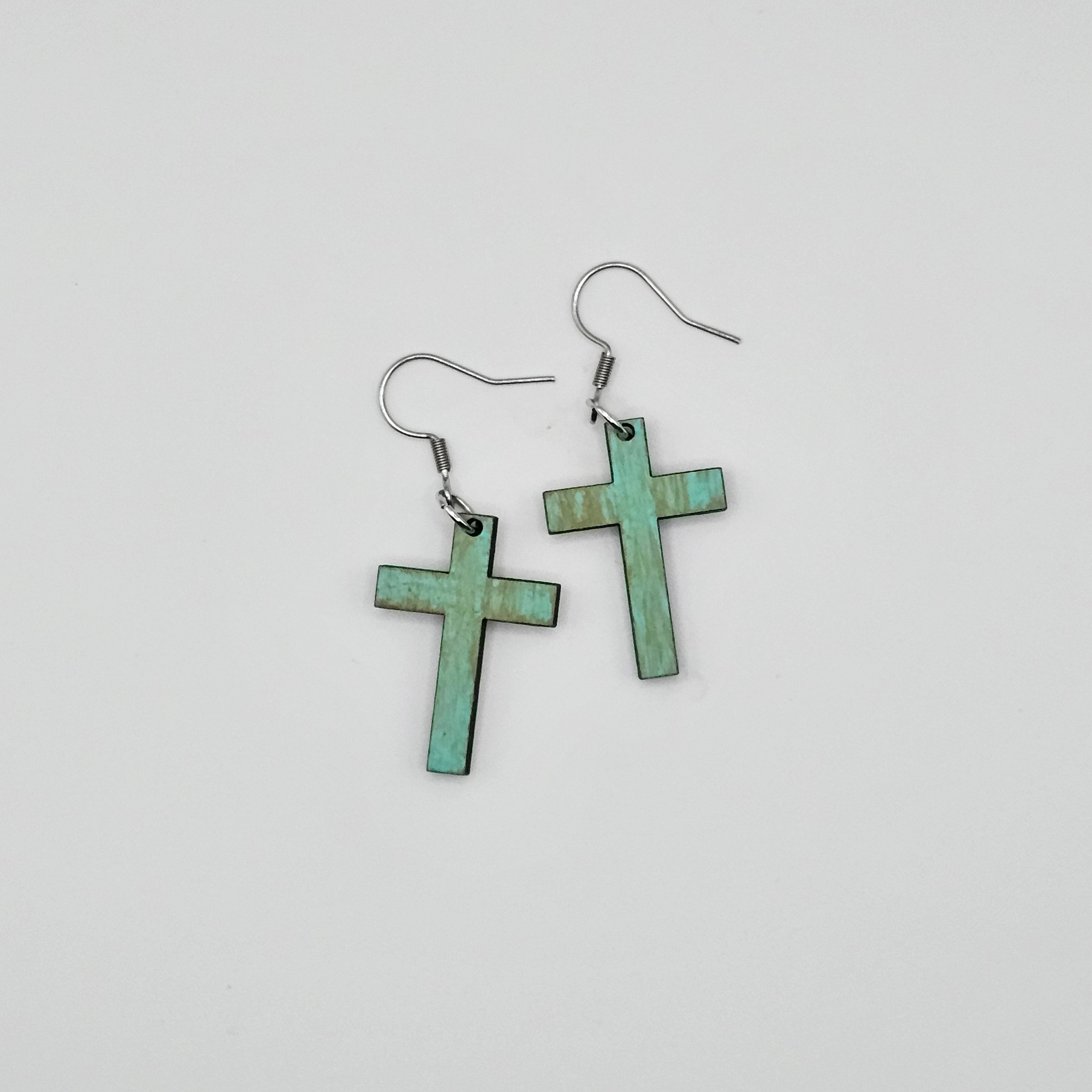 Cross Dangle Earrings | Turquoise | Laser Cut Wood | Surgical Steel - DEHSM1