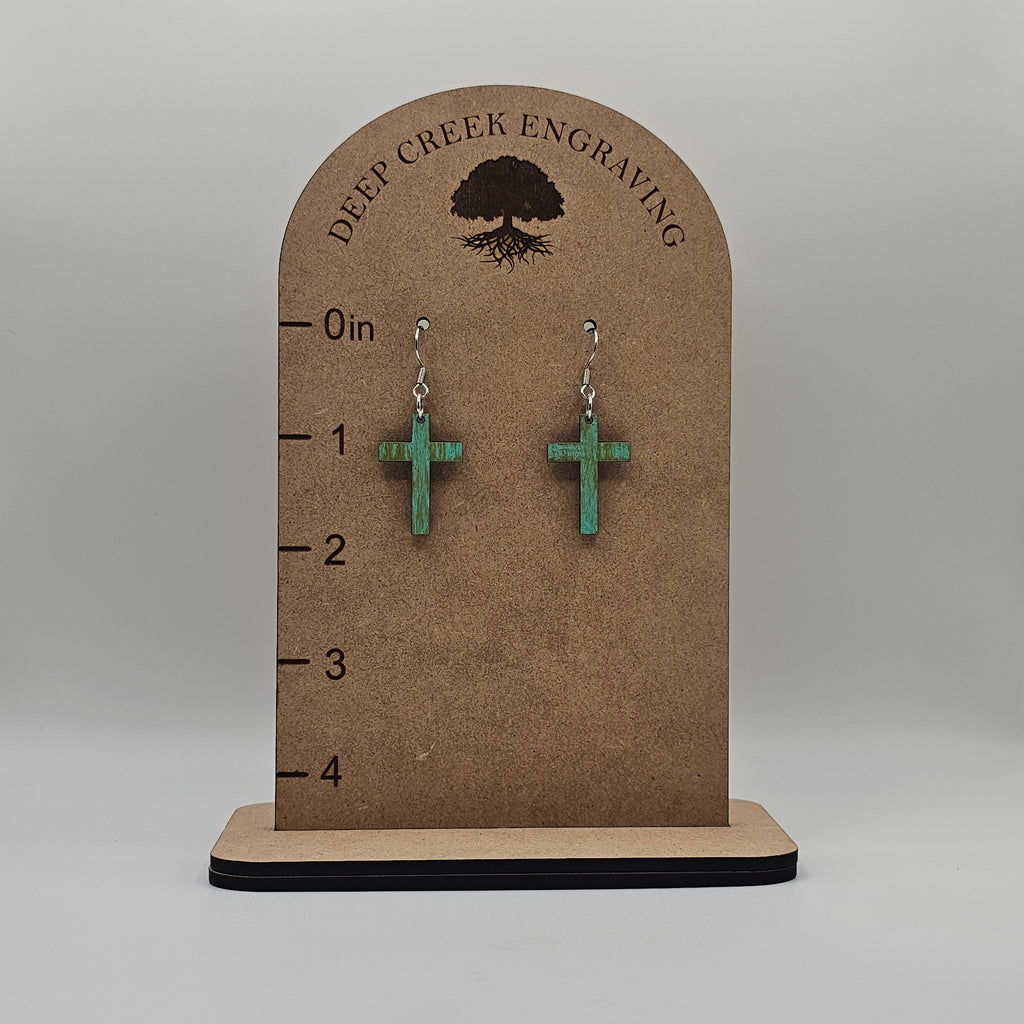 Cross Dangle Earrings | Turquoise | Laser Cut Wood | Surgical Steel - DEHSM1