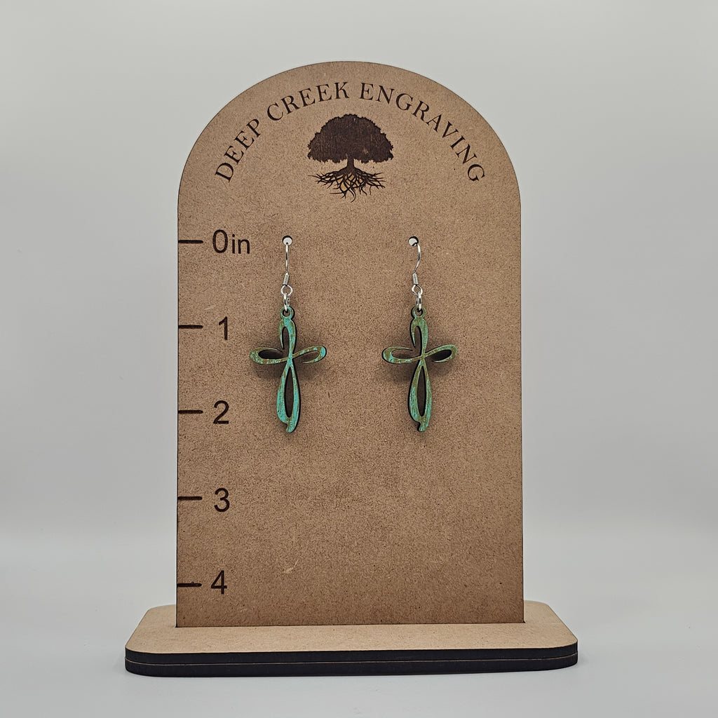 Scroll Cross Dangle Earrings | Turquoise | Laser Cut Wood | Surgical Steel - DEHML1
