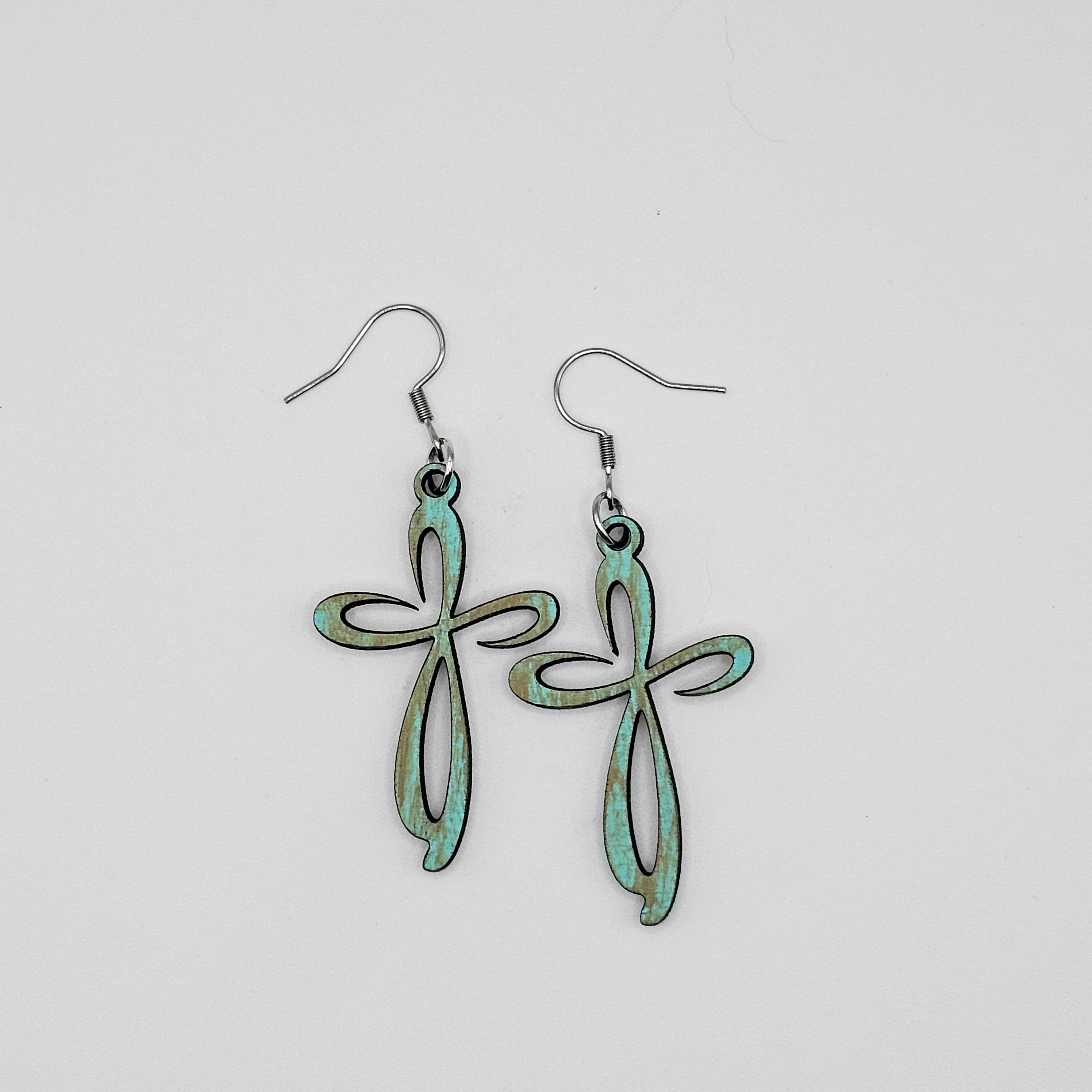 Scroll Cross Dangle Earrings | Turquoise | Laser Cut Wood | Surgical Steel - DEHML1