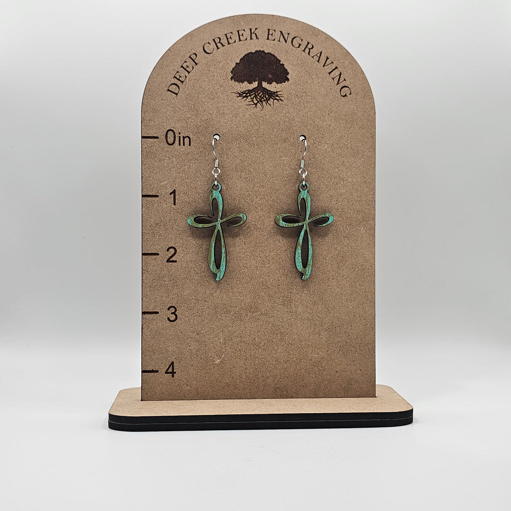 Scroll Cross Dangle Earrings | Turquoise | Laser Cut Wood | Surgical Steel - DEHML1
