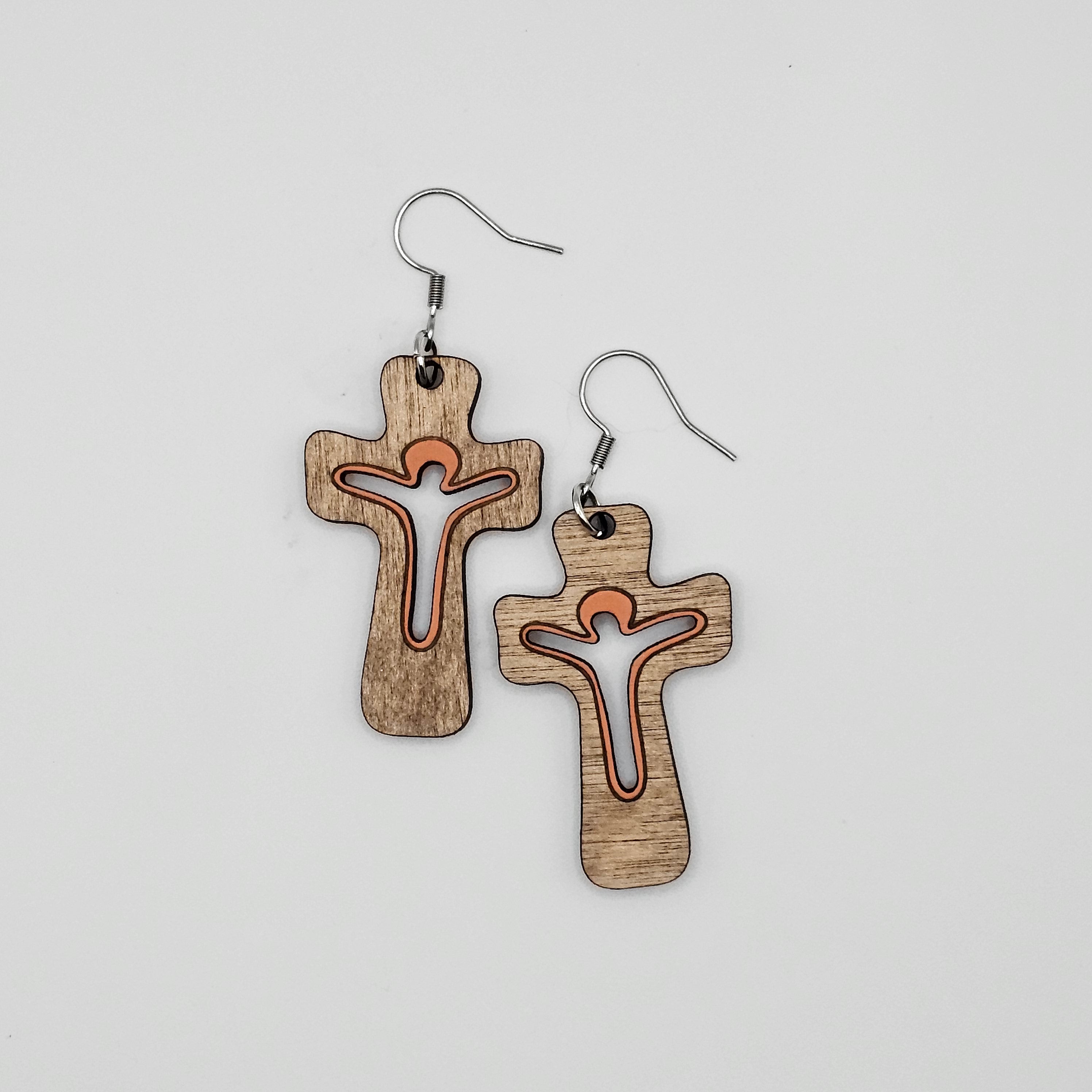 Cross Dangle Earrings | Laser Engraved Wood | Surgical Steel - DEHCB1