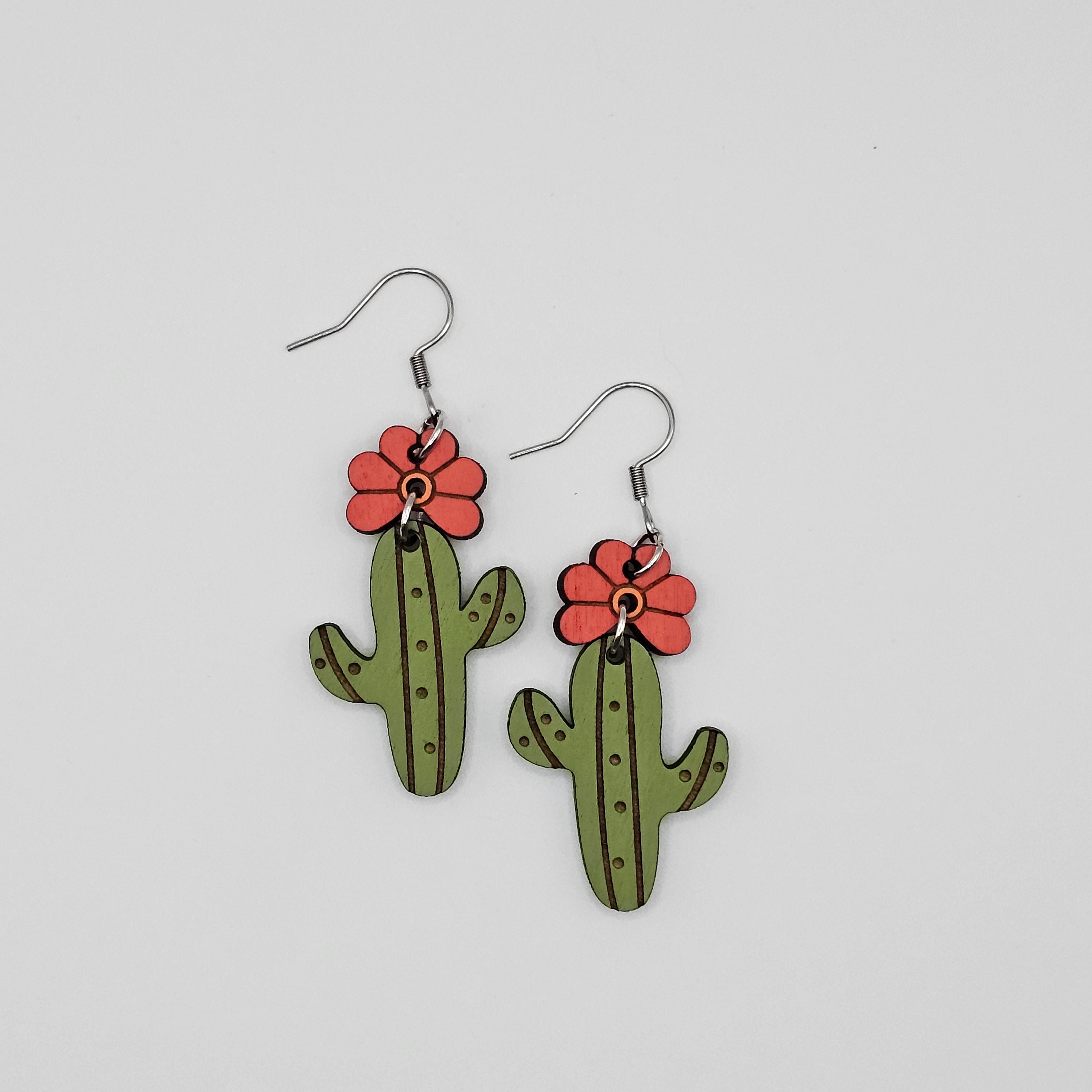 Desert Bloom Cactus Dangle Earrings | Hand-Painted | Surgical Steel - DEHPP83