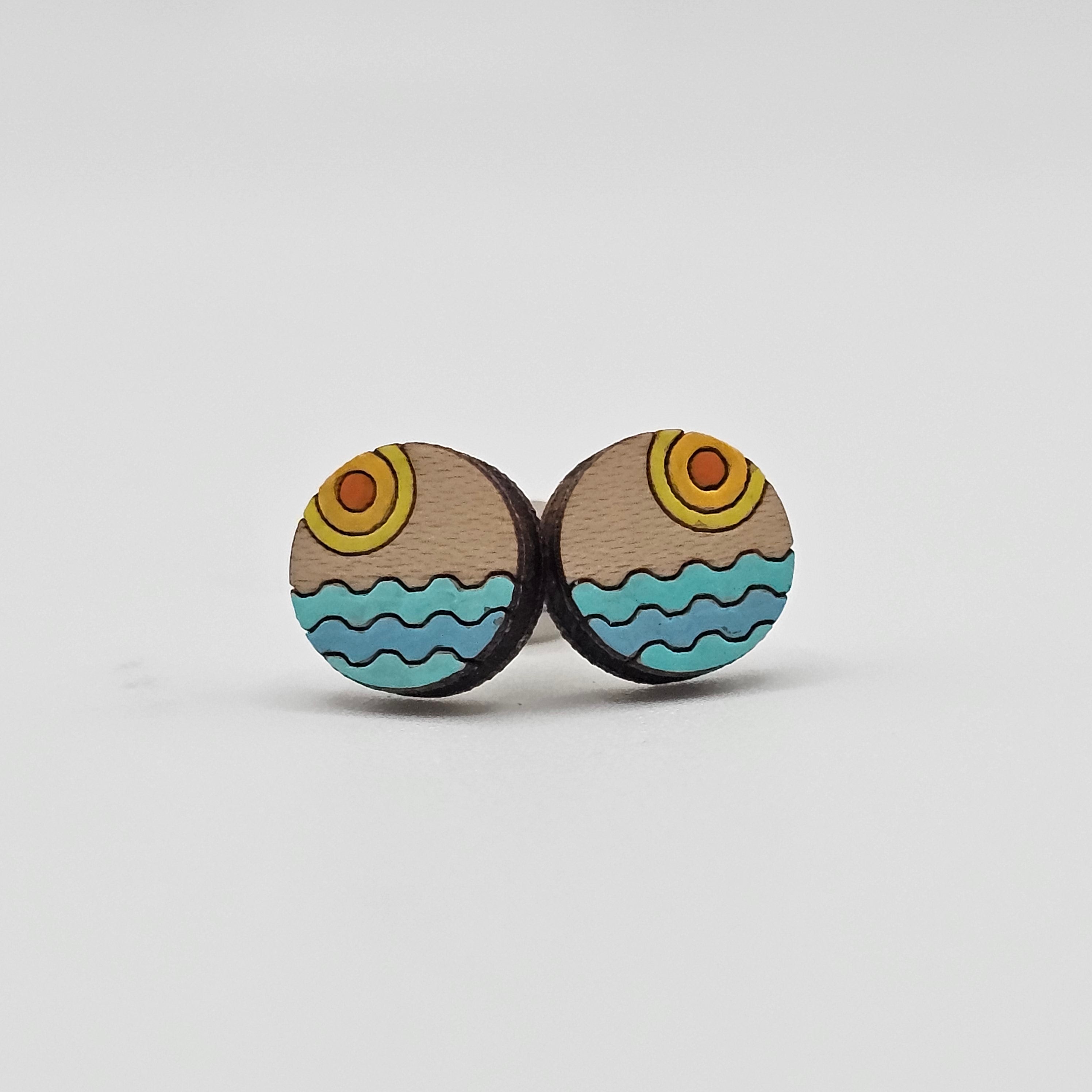 Ocean Sunset Stud Earrings | Laser Engraved Wood | Surgical Steel - SEHSM1