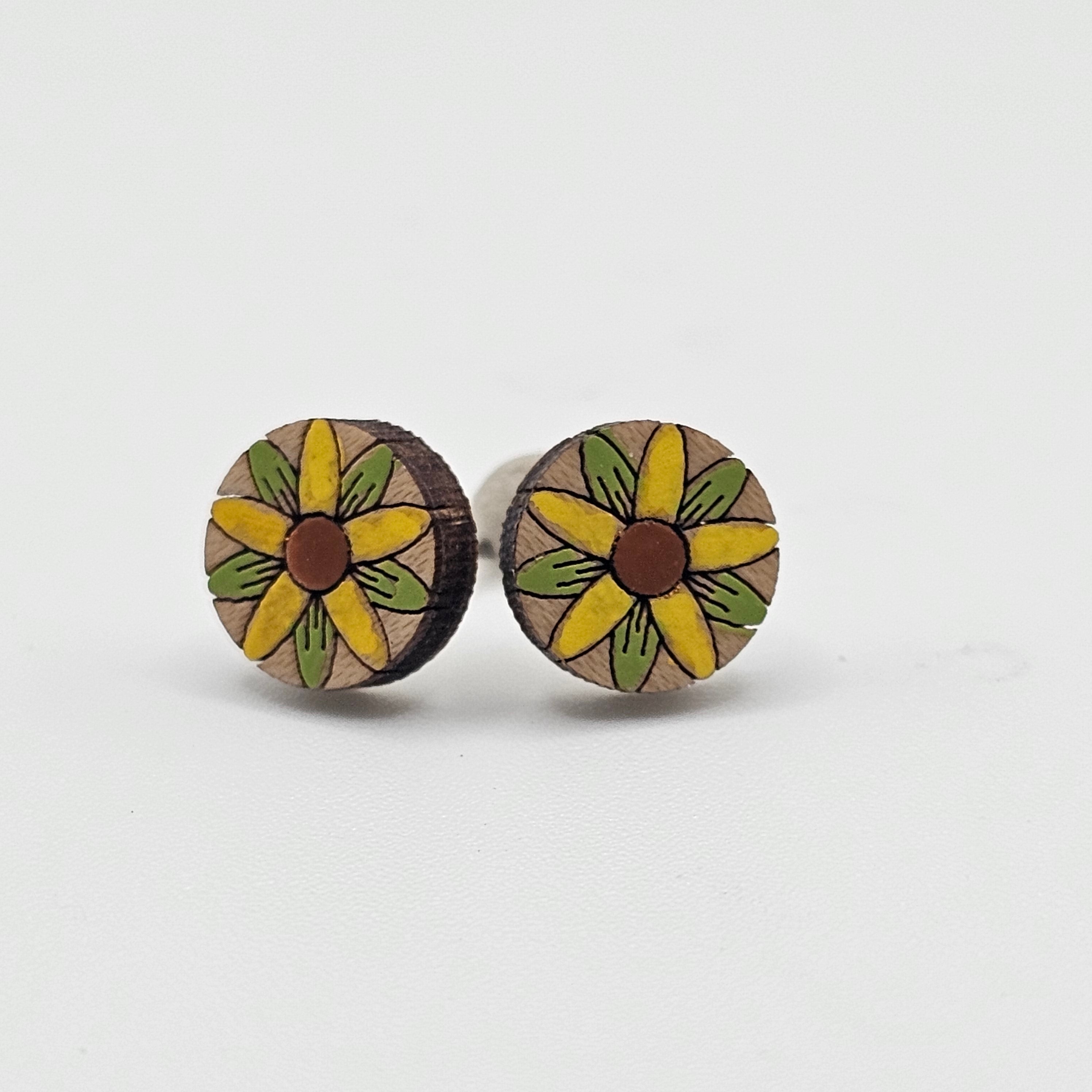 Sunflower Stud Earrings | Laser Engraved Wood | Surgical Steel - SEHSM9