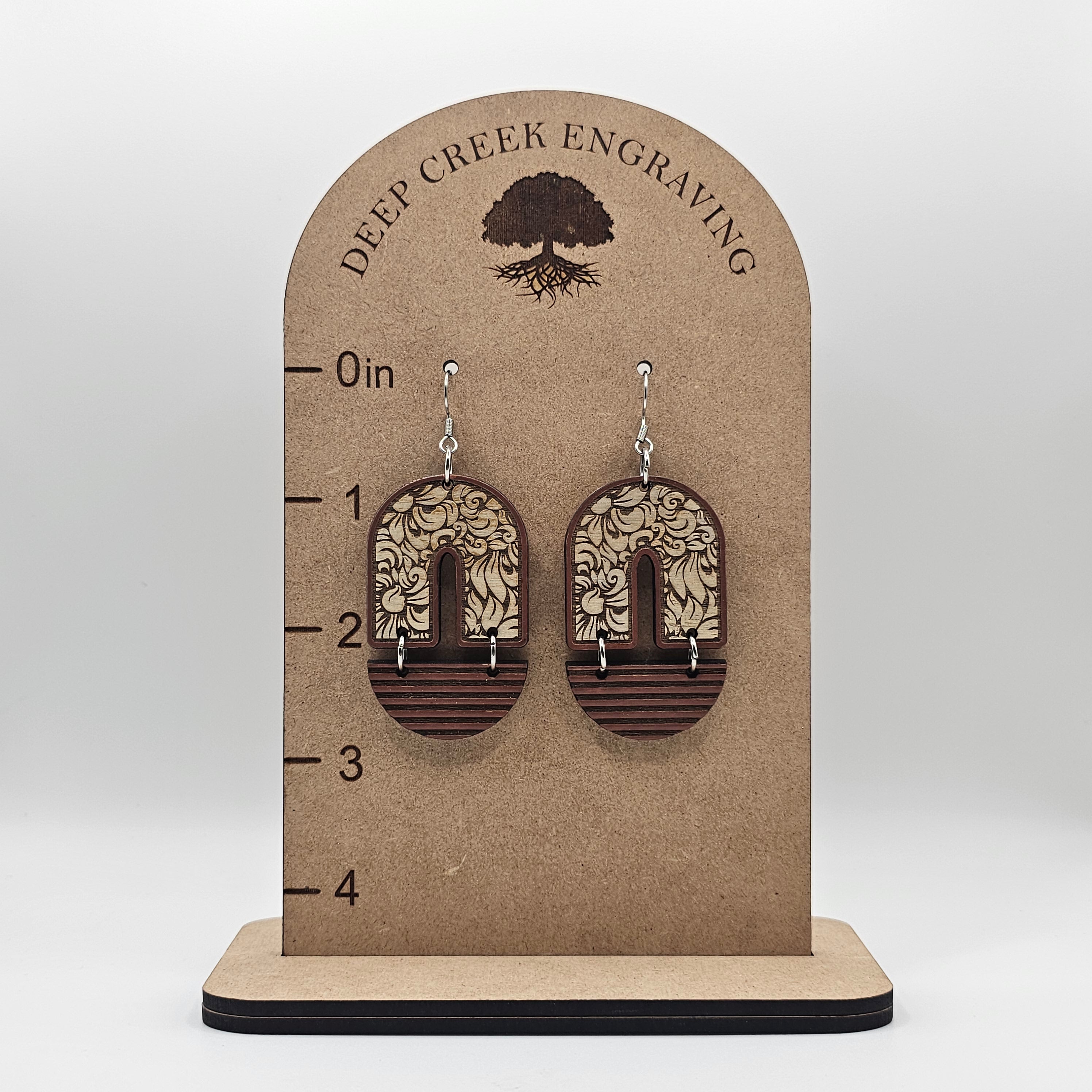 Arch Floral Dangle Earrings | Laser Engraved Wood | Surgical Steel - DEHSC3