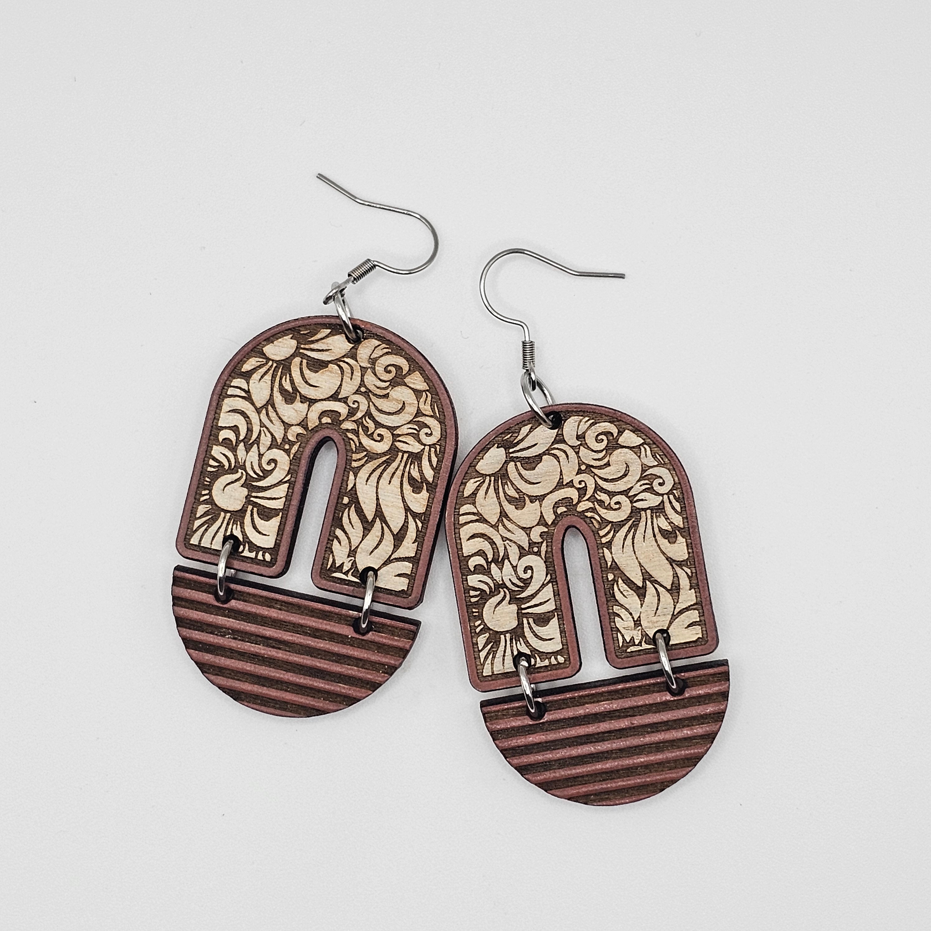 Arch Floral Dangle Earrings | Laser Engraved Wood | Surgical Steel - DEHSC3