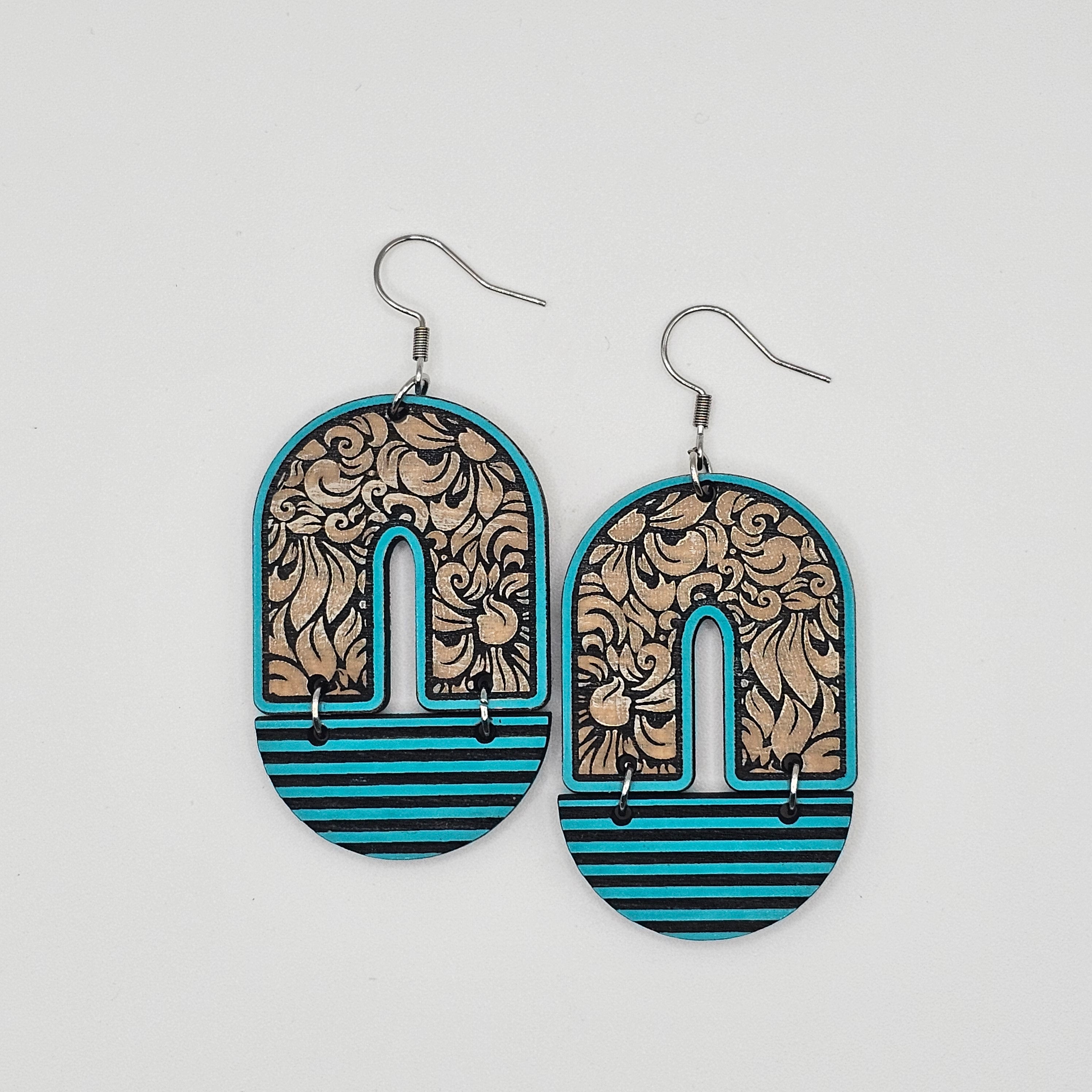 Arch Floral Dangle Earrings | Laser Engraved Wood | Surgical Steel - DEHSC3