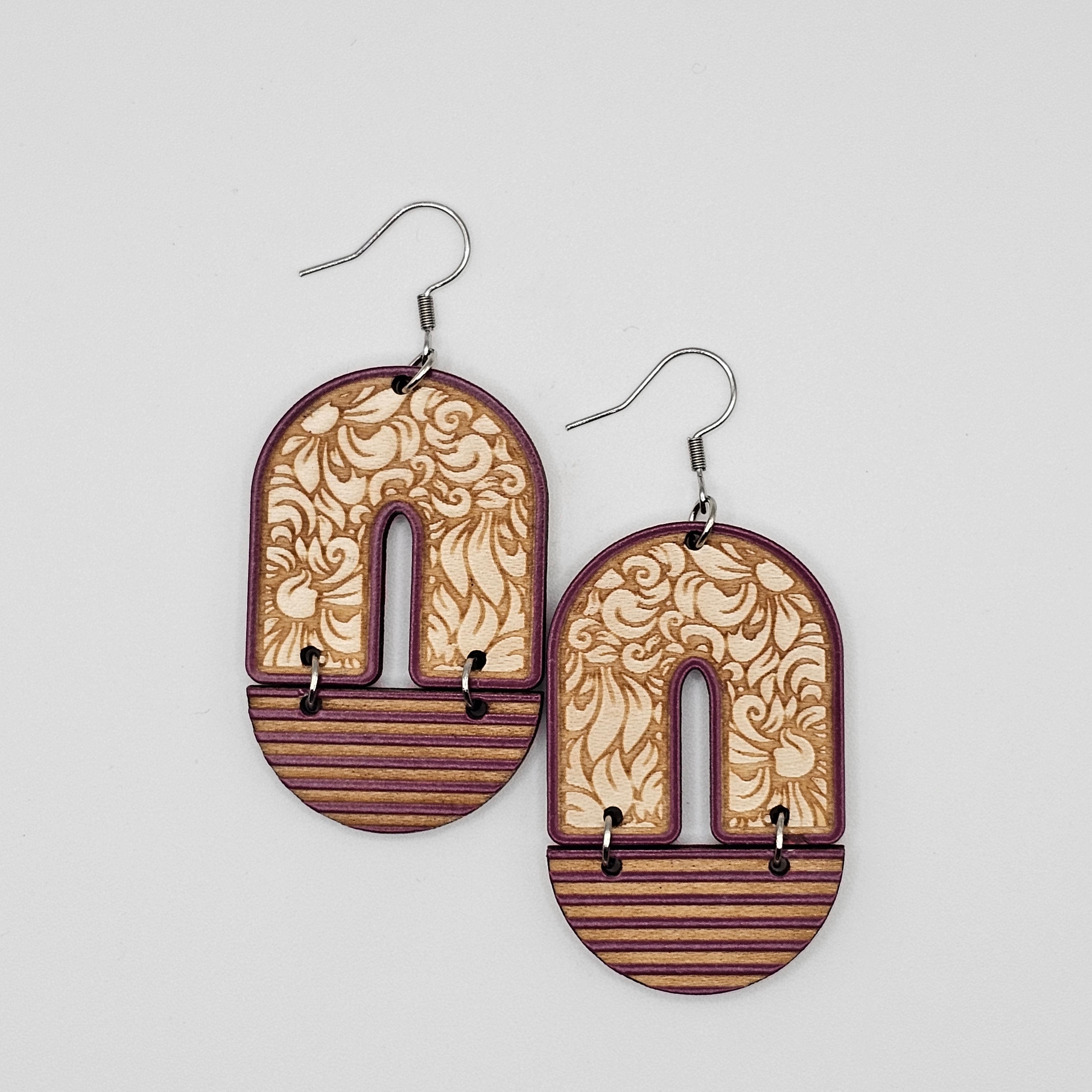 Arch Floral Dangle Earrings | Laser Engraved Wood | Surgical Steel - DEHSC3
