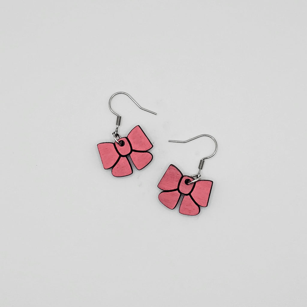 Pink Bow Dangle Earrings | Laser Engraved Wood | Surgical Steel - DEHPP91