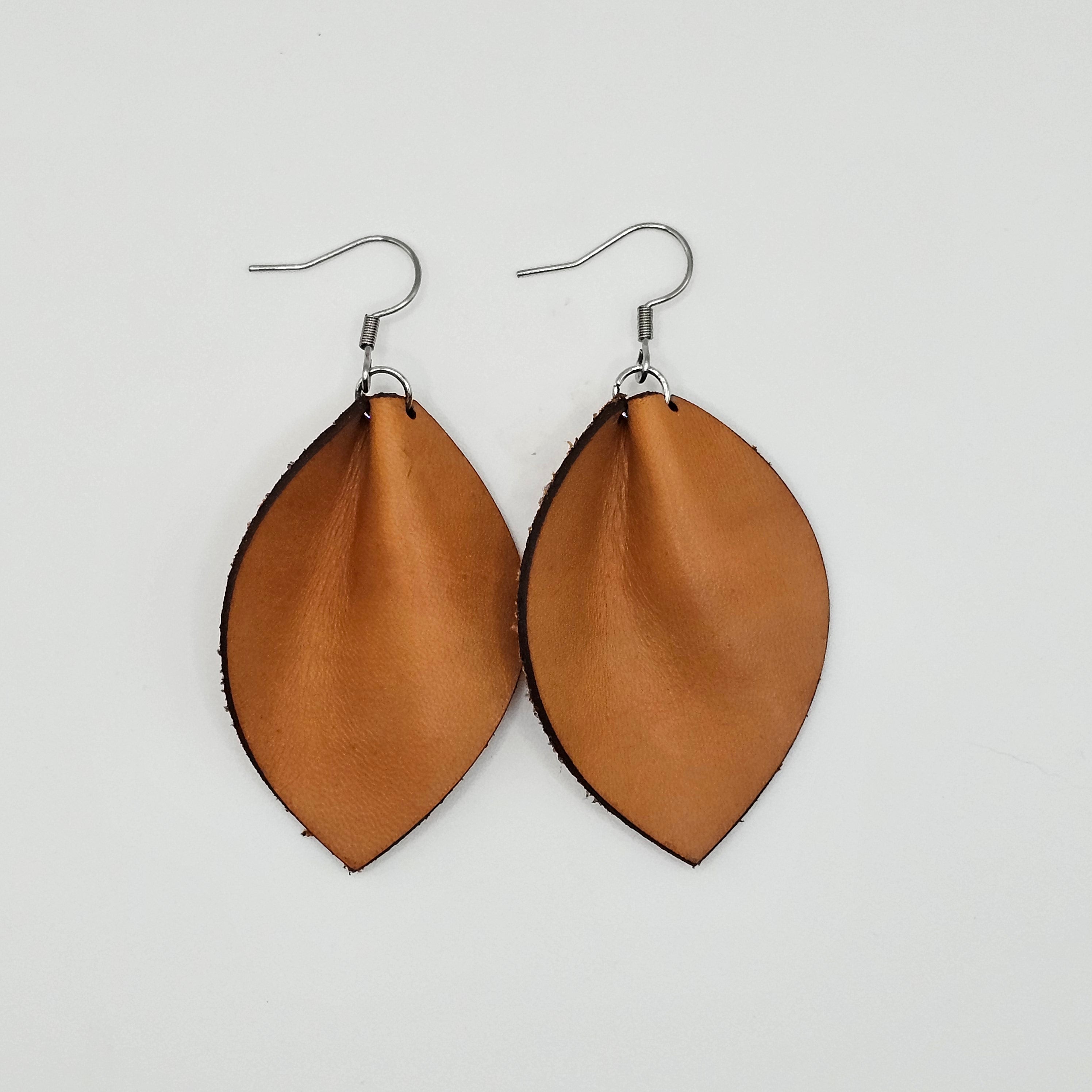 Leather Leaf Dangle Earrings | Tan & Jade | Surgical Steel - DEDC2