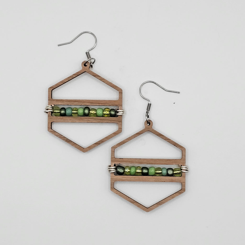 Hexagon Beaded Dangle Earrings | Laser Cut Wood | Green Seed Beads | Surgical Steel - DEWCR1