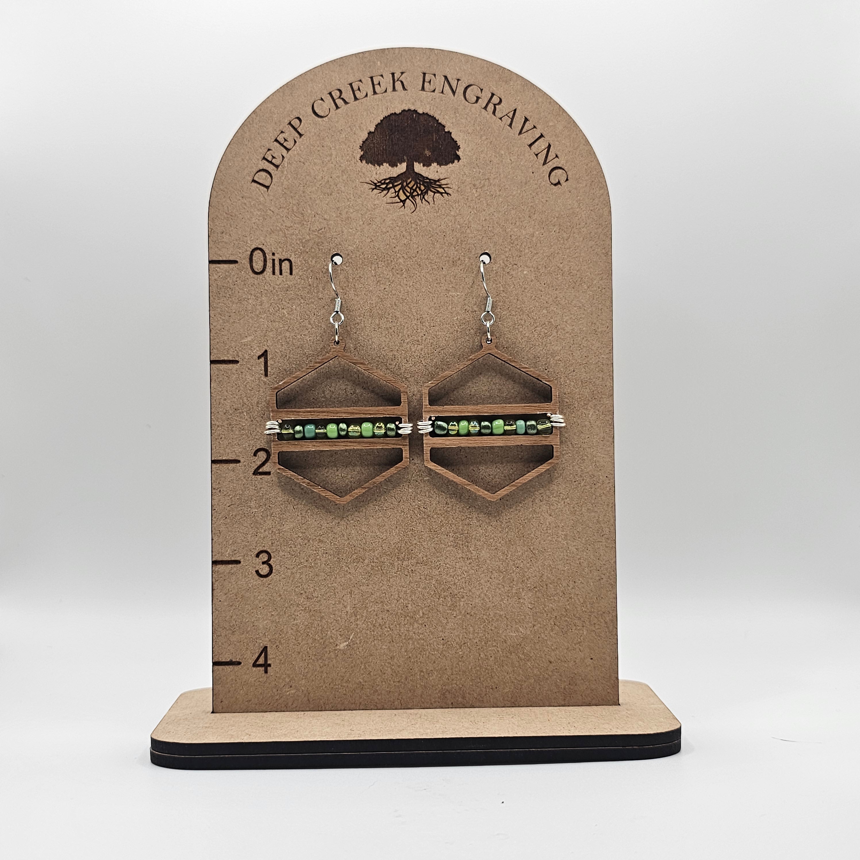 Hexagon Beaded Dangle Earrings | Laser Cut Wood | Green Seed Beads | Surgical Steel - DEWCR1