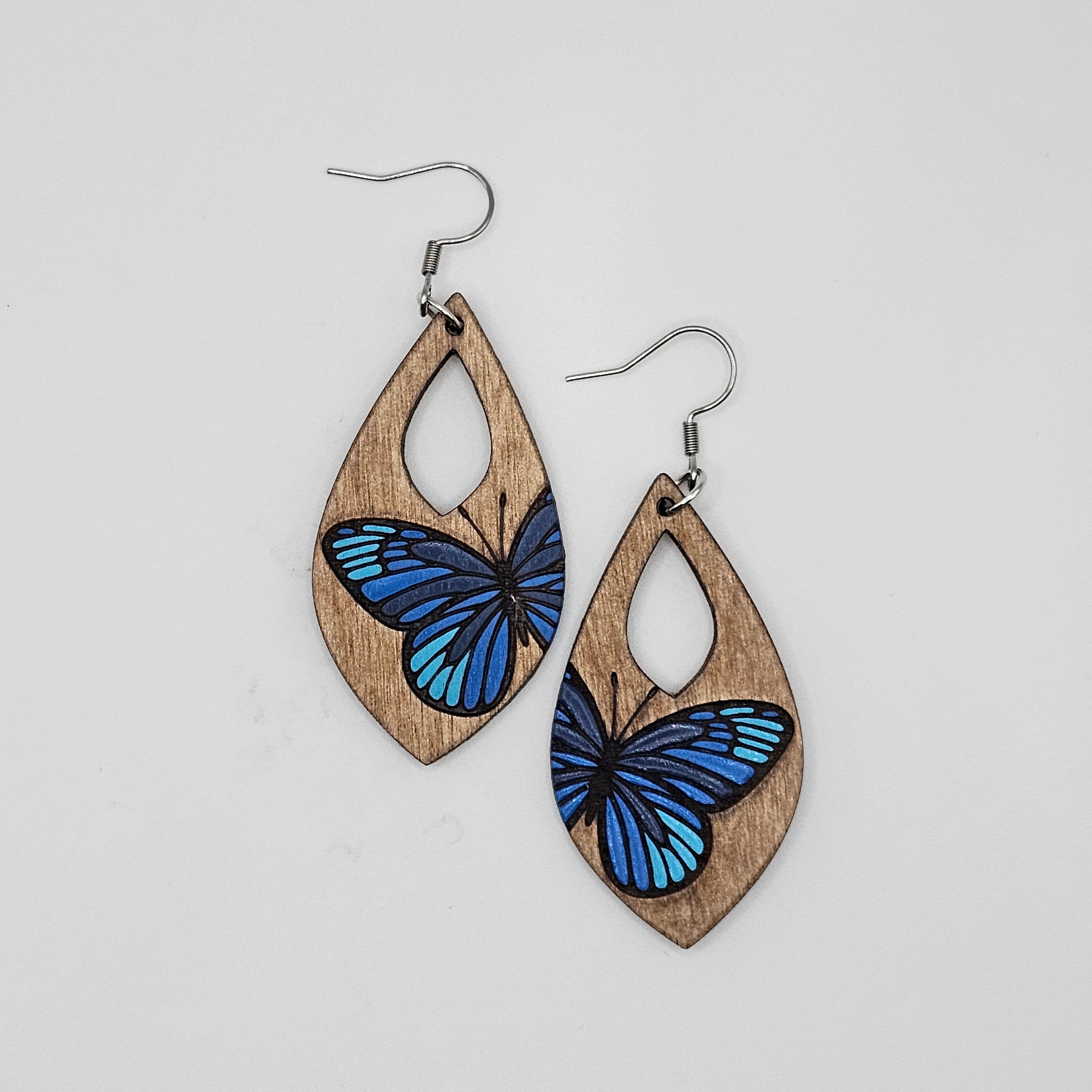 Meadow Butterfly Drop Dangle Earrings | Laser Engraved Wood | Surgical Steel - DEHSC14