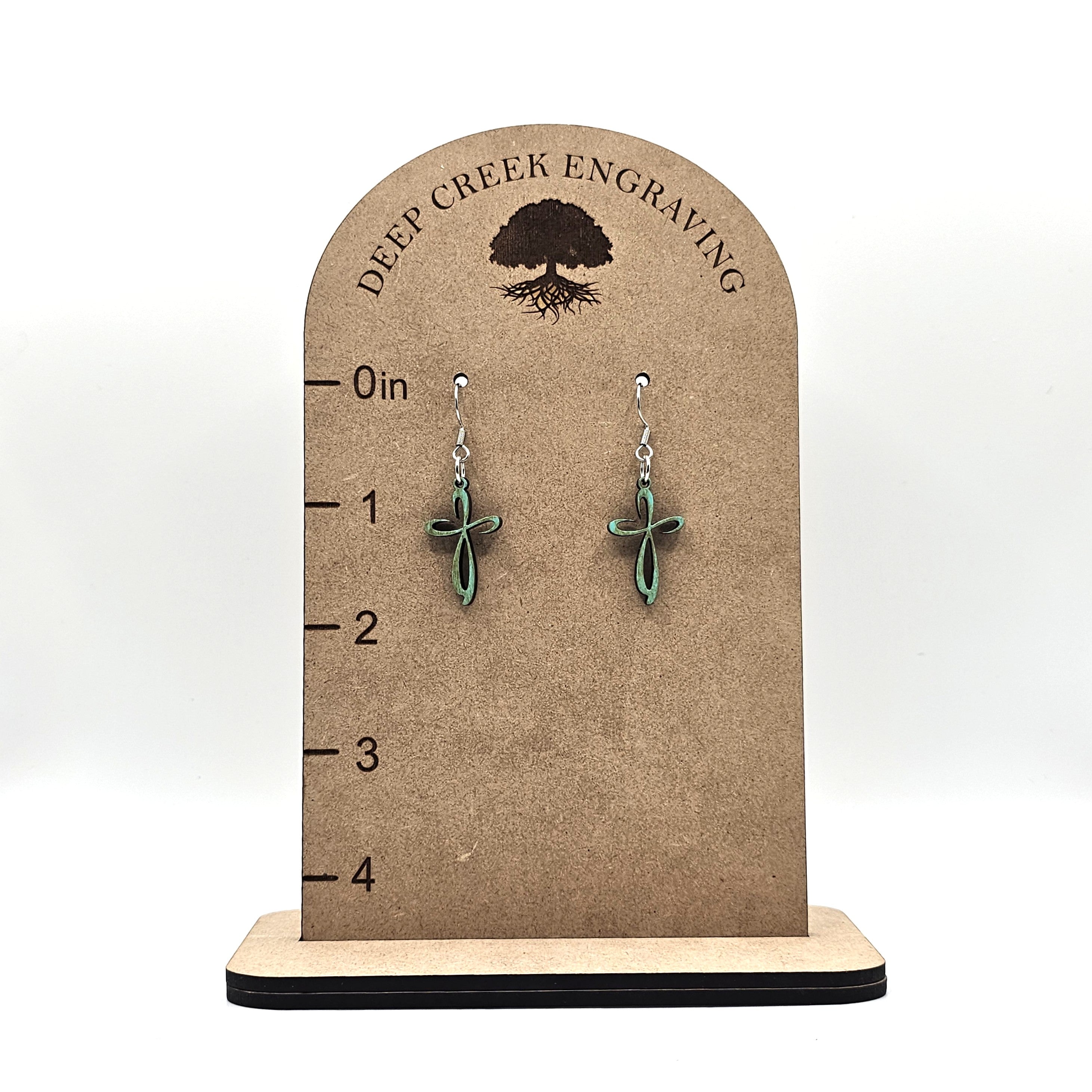 Scroll Cross Dangle Earrings | Turquoise | Laser Cut Wood | Surgical Steel - DEHML1