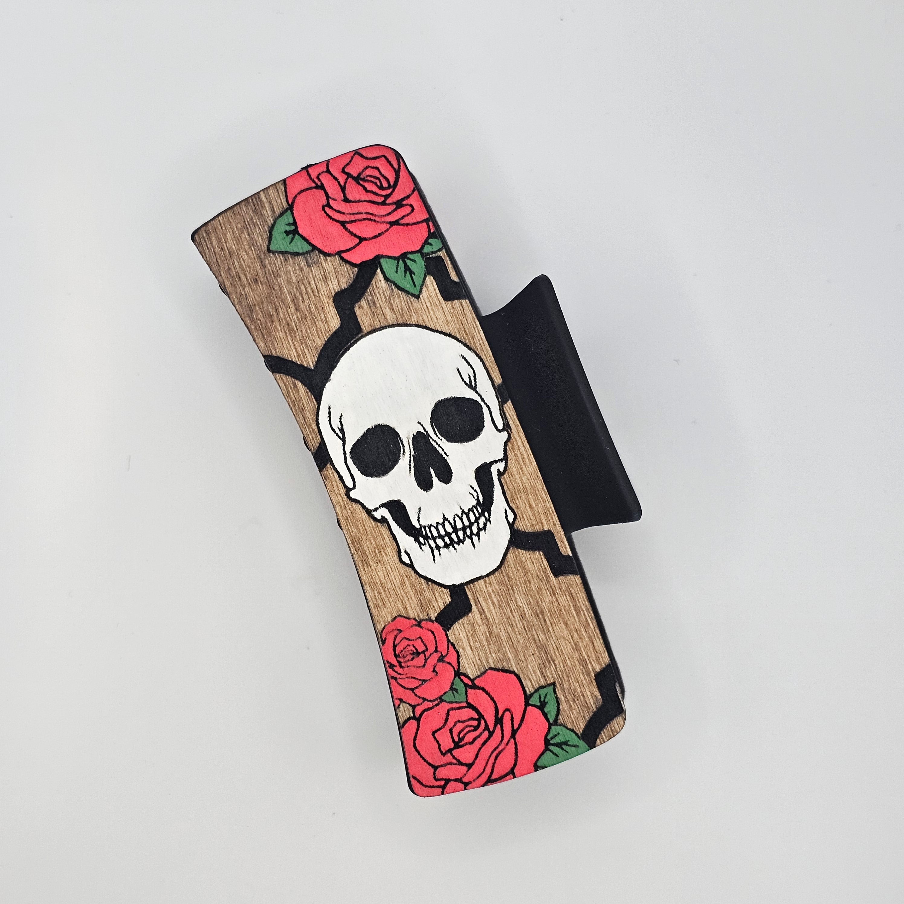 Skulls & Roses | Large Hand-Painted Wood Hair Claw Clip - LCHBB1