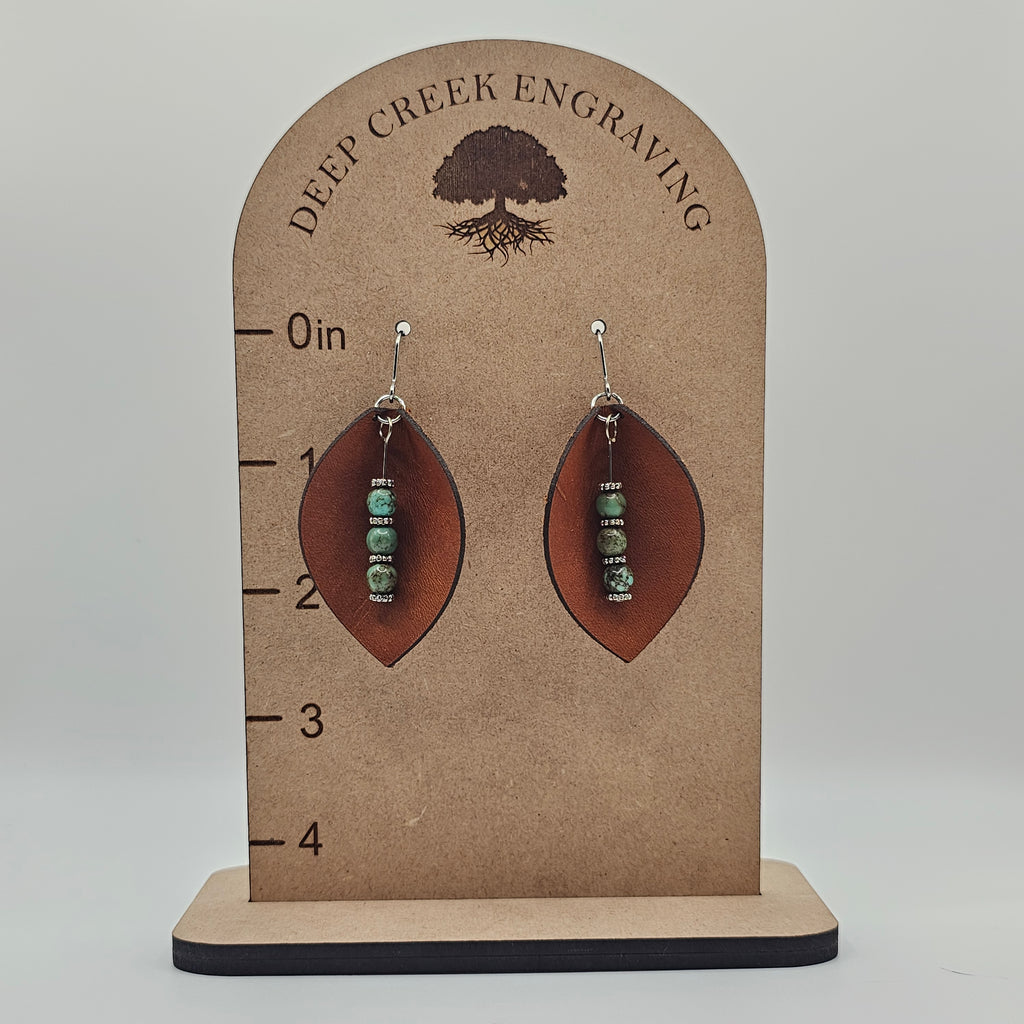 Leather Leaf & Turquoise Bead Dangle Earrings | Genuine Leather | Surgical Steel - DEDC3
