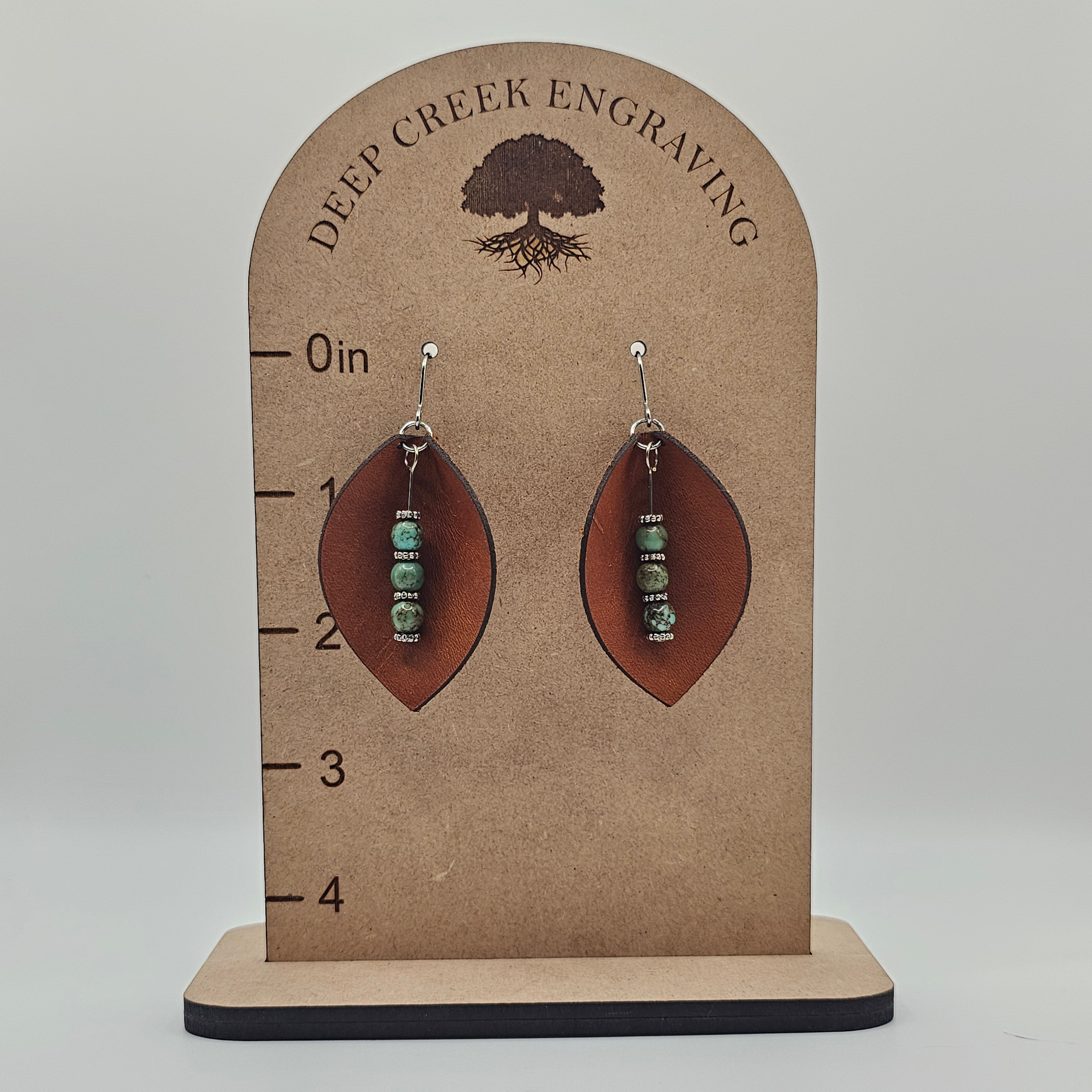 Leather Leaf & Turquoise Bead Dangle Earrings | Genuine Leather | Surgical Steel - DEDC3