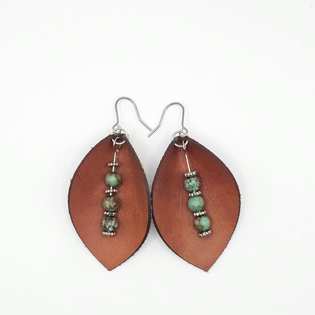 Leather Leaf & Turquoise Bead Dangle Earrings | Genuine Leather | Surgical Steel - DEDC3