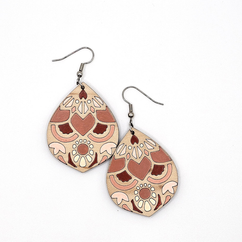 Blush Bloom Teardrop Dangle Earrings | Laser Engraved Wood | Surgical Steel - DEHAJ2-B