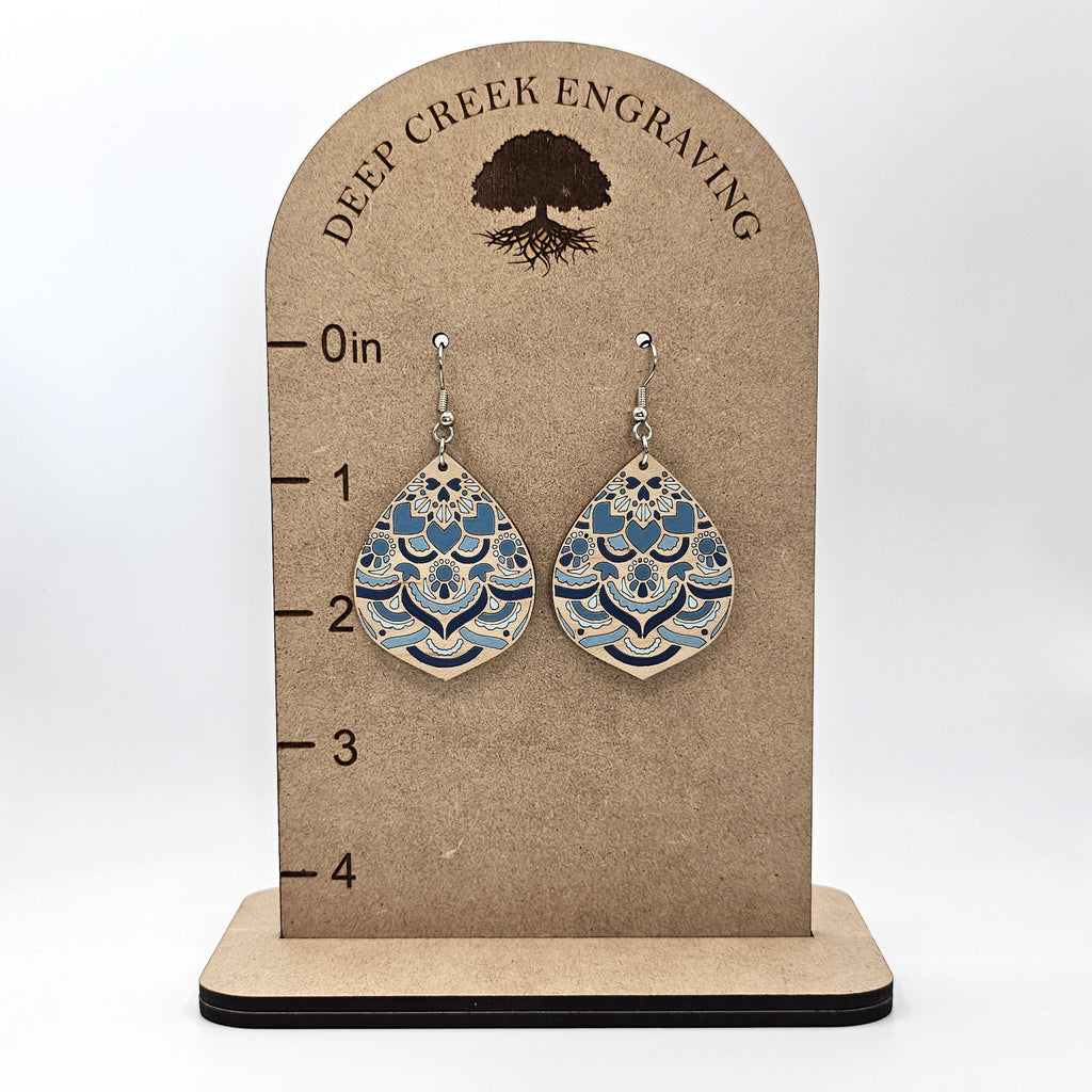 Denim Breeze Teardrop Dangle Earrings | Laser Engraved Wood | Surgical Steel - DEHAJ2-D