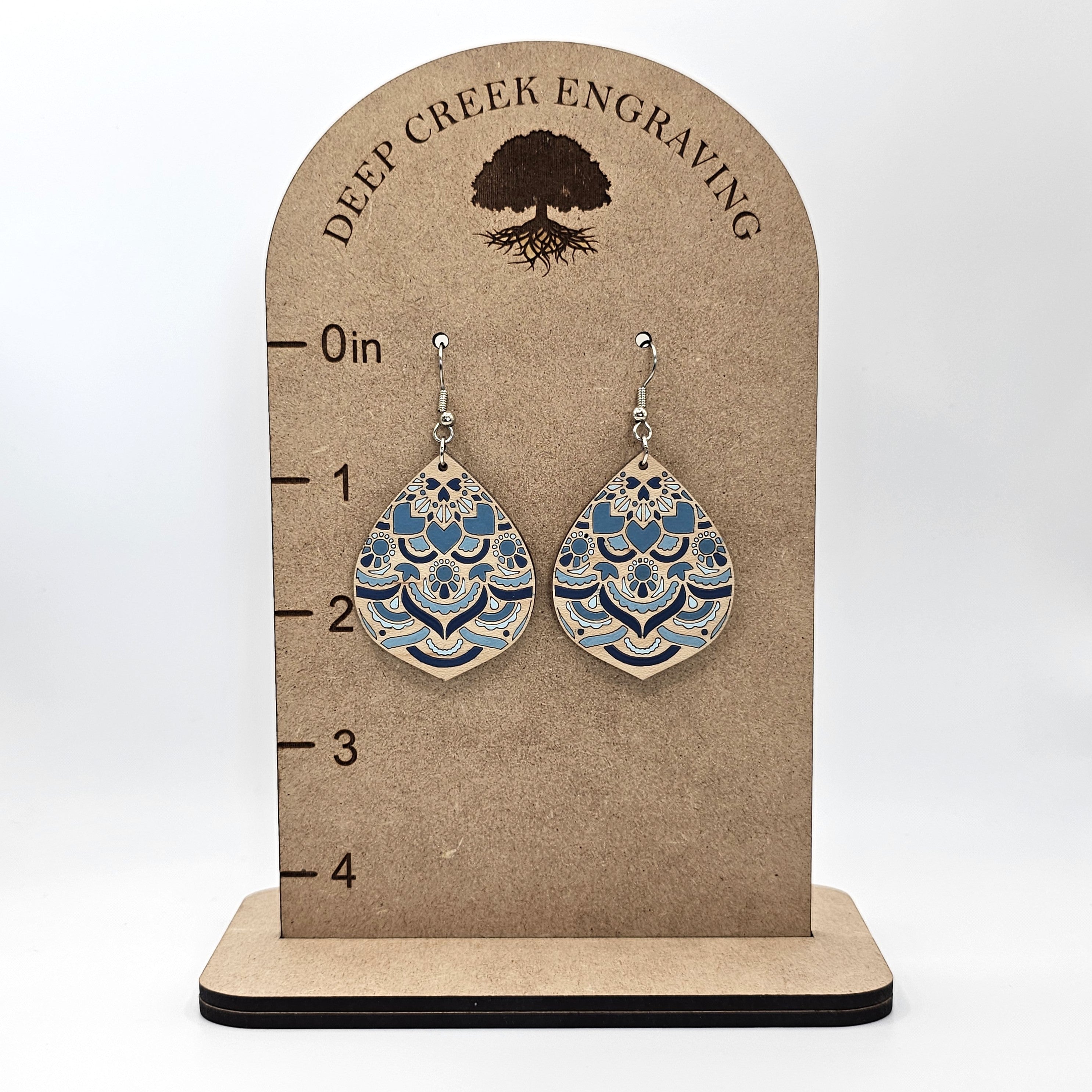 Denim Breeze Teardrop Dangle Earrings | Laser Engraved Wood | Surgical Steel - DEHAJ2-D