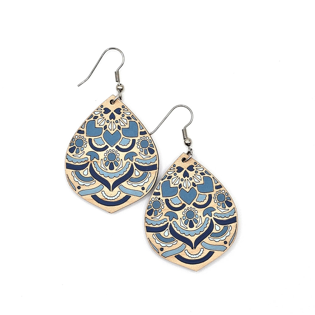 Denim Breeze Teardrop Dangle Earrings | Laser Engraved Wood | Surgical Steel - DEHAJ2-D