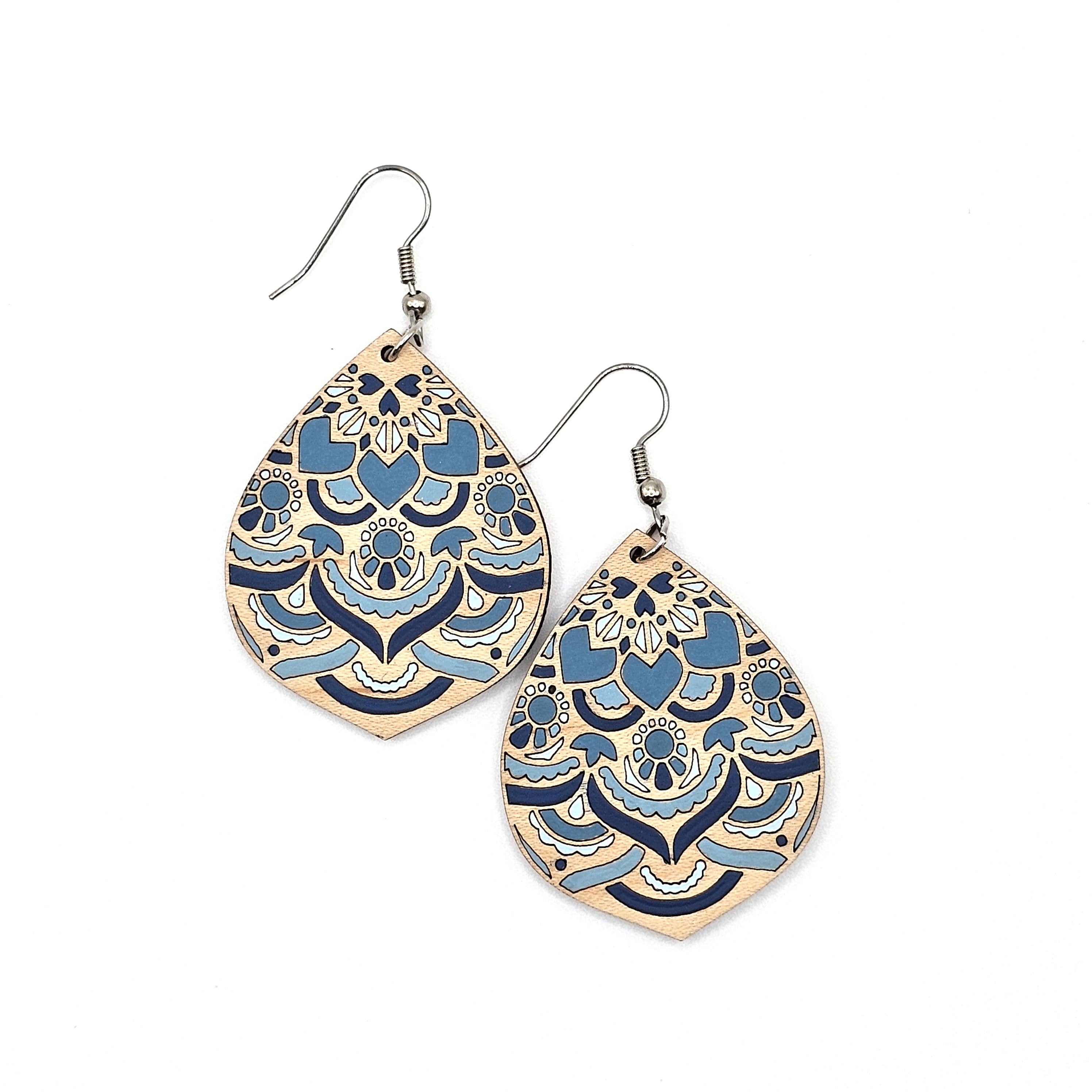 Denim Breeze Teardrop Dangle Earrings | Laser Engraved Wood | Surgical Steel - DEHAJ2-D