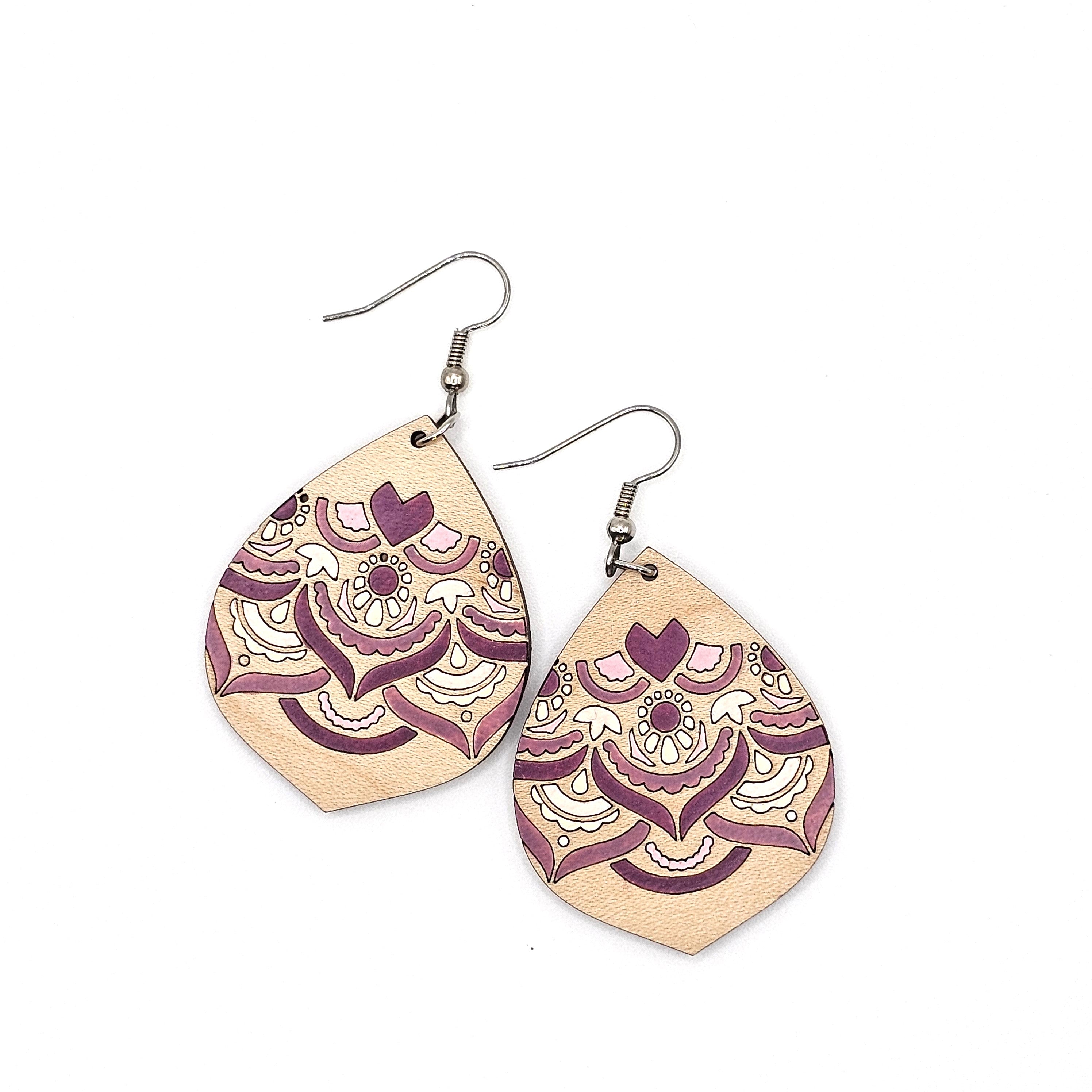 Lavender Lace Teardrop Dangle Earrings | Laser Engraved Wood | Surgical Steel - DEHAJ2-L