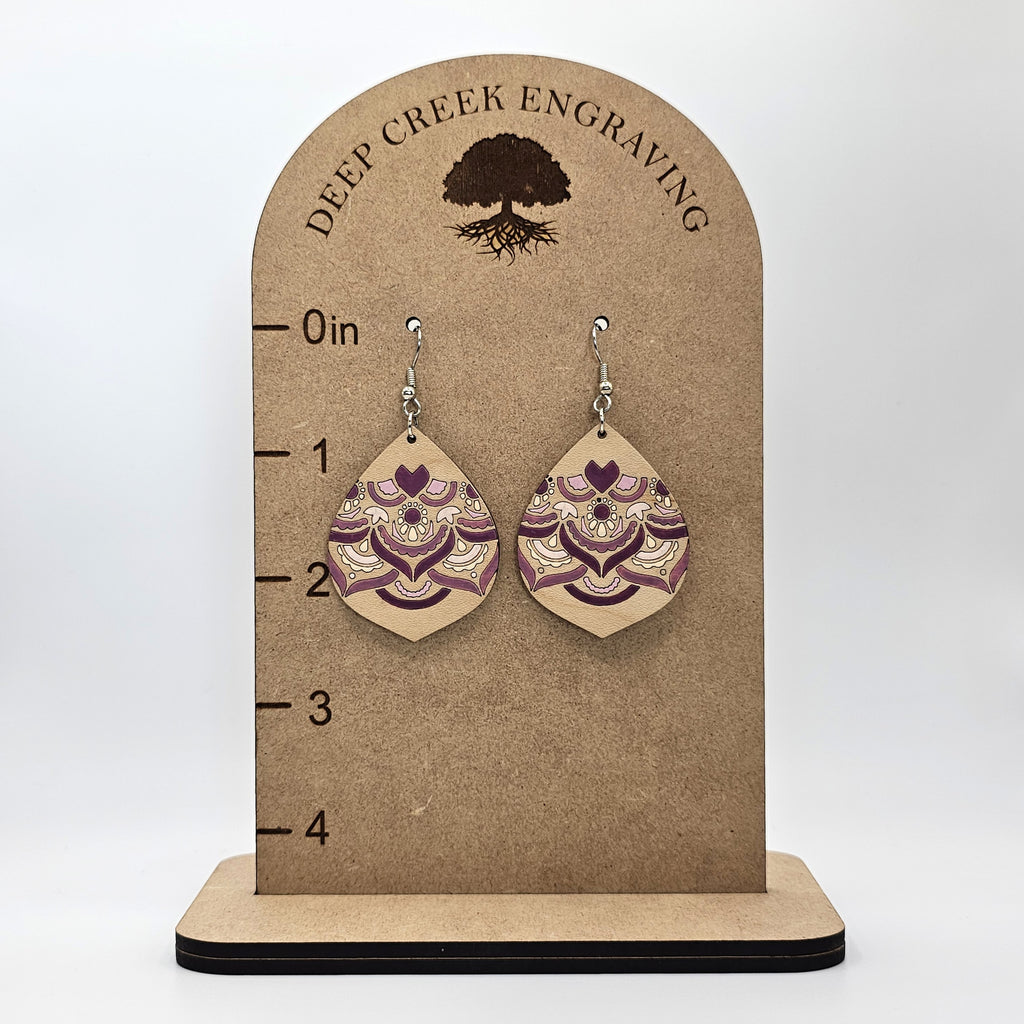 Lavender Lace Teardrop Dangle Earrings | Laser Engraved Wood | Surgical Steel - DEHAJ2-L
