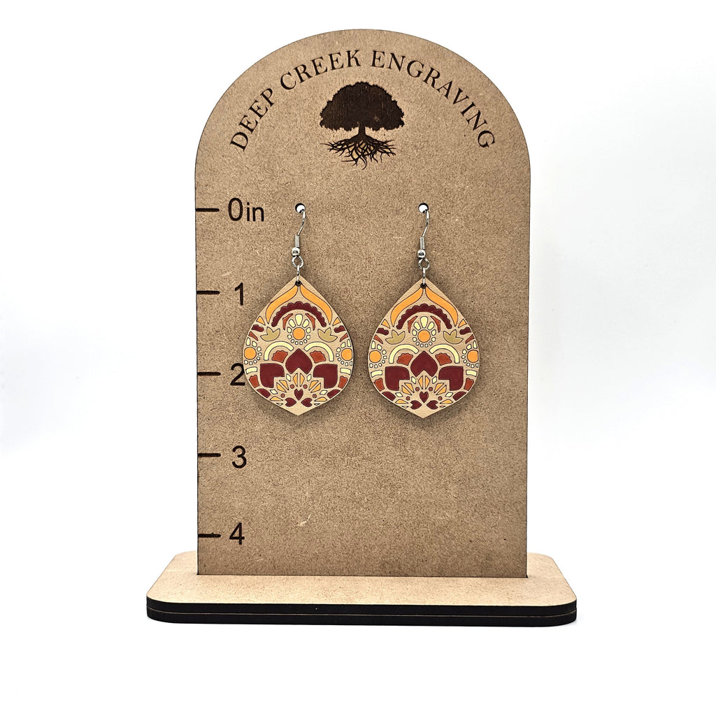 Sunset Mandala Teardrop Dangle Earrings | Laser Engraved Wood | Surgical Steel - DEHAJ2-S