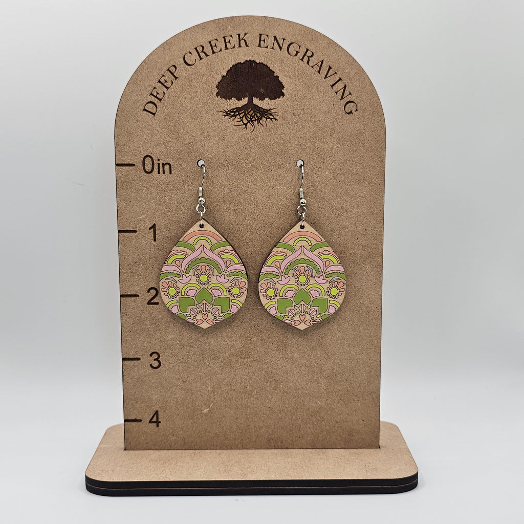 Spring Mandala Teardrop Dangle Earrings | Laser Engraved Wood | Surgical Steel - DEHAJ2-P