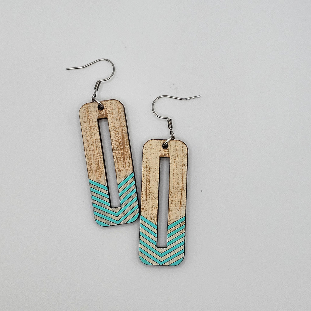 Turquoise Chevron Rectangle Dangle Earrings | Laser Engraved Wood | Surgical Steel - DEHBR1-IG