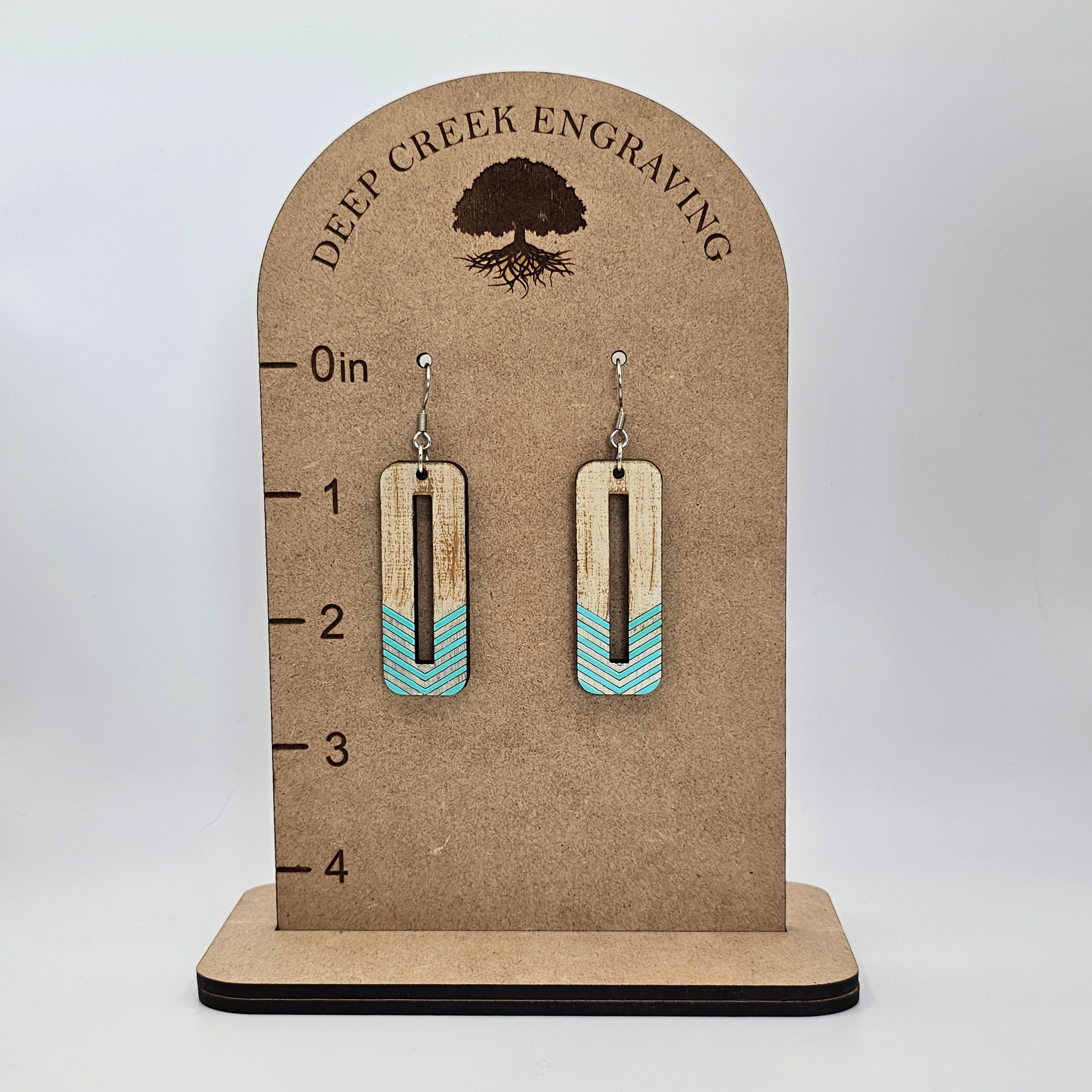 Turquoise Chevron Rectangle Dangle Earrings | Laser Engraved Wood | Surgical Steel - DEHBR1-IG
