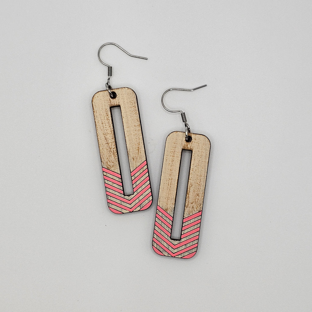 Coral Chevron Rectangle Dangle Earrings | Laser Engraved Wood | Surgical Steel - DEHBR1-P
