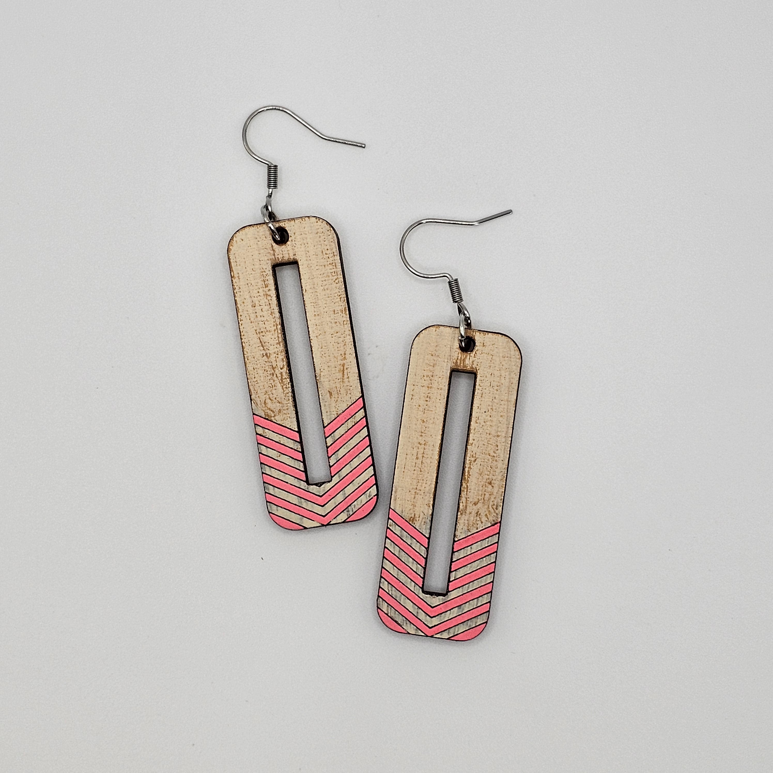 Coral Chevron Rectangle Dangle Earrings | Laser Engraved Wood | Surgical Steel - DEHBR1-P