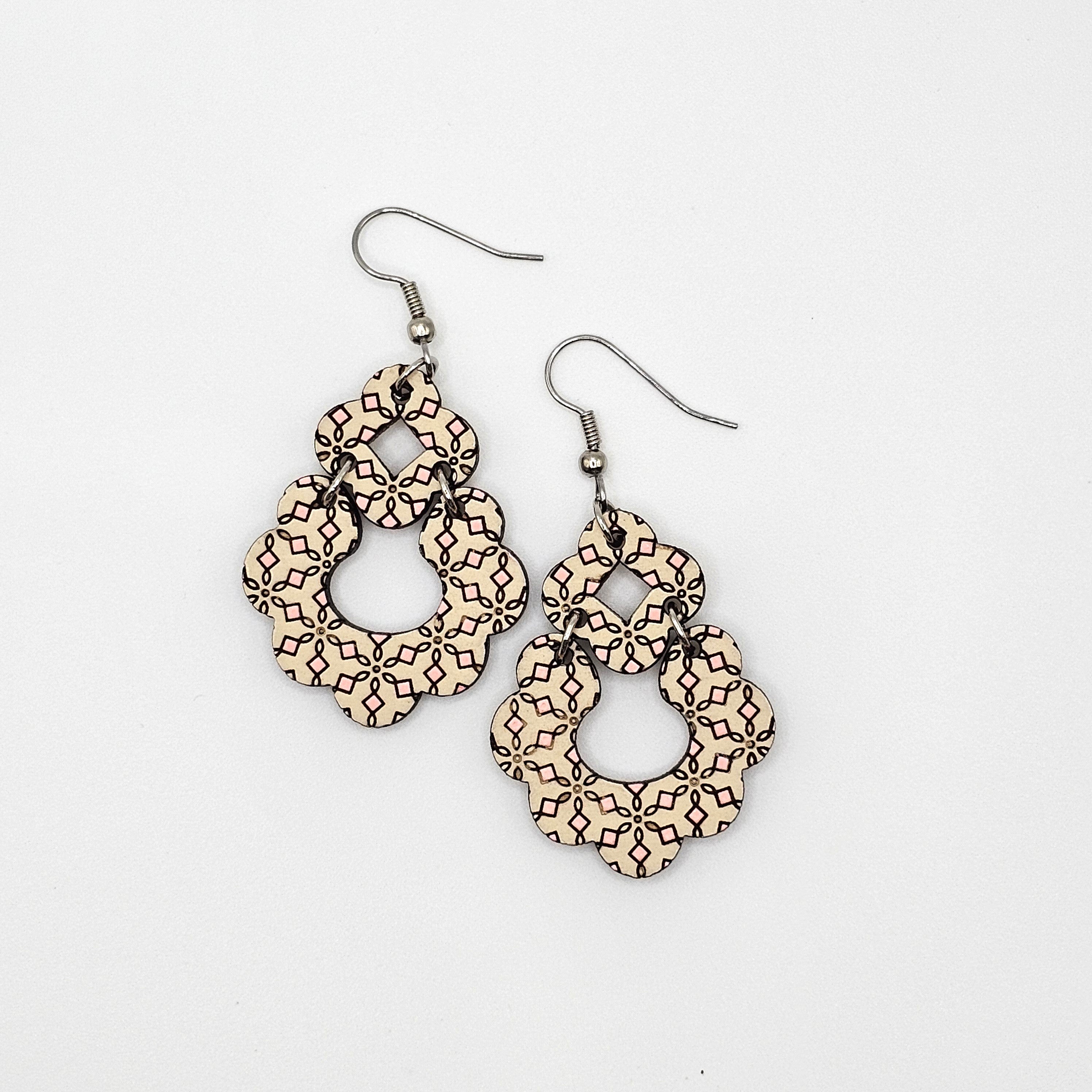 Soft Pink Lace Chandelier Earrings | Hand-Painted | Surgical Steel - DEHPP1-CB
