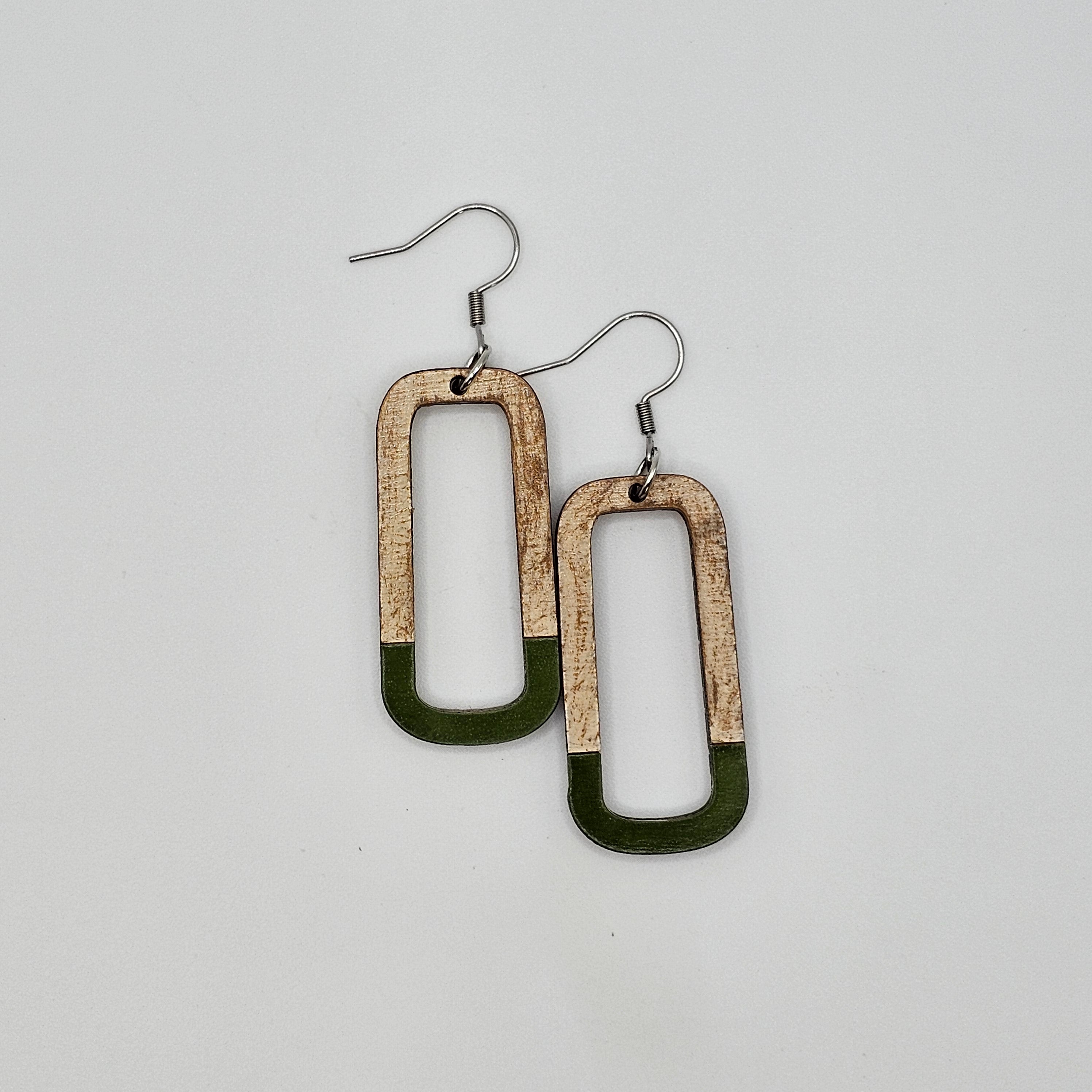 Olive Open Rectangle Dangle Earrings | Hand-Painted | Surgical Steel - DEHPP11-O