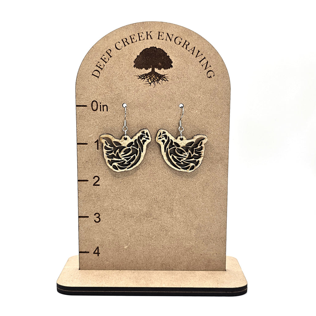 Rustic Hen Dangle Earrings | Laser Engraved | Surgical Steel - DEHPP14