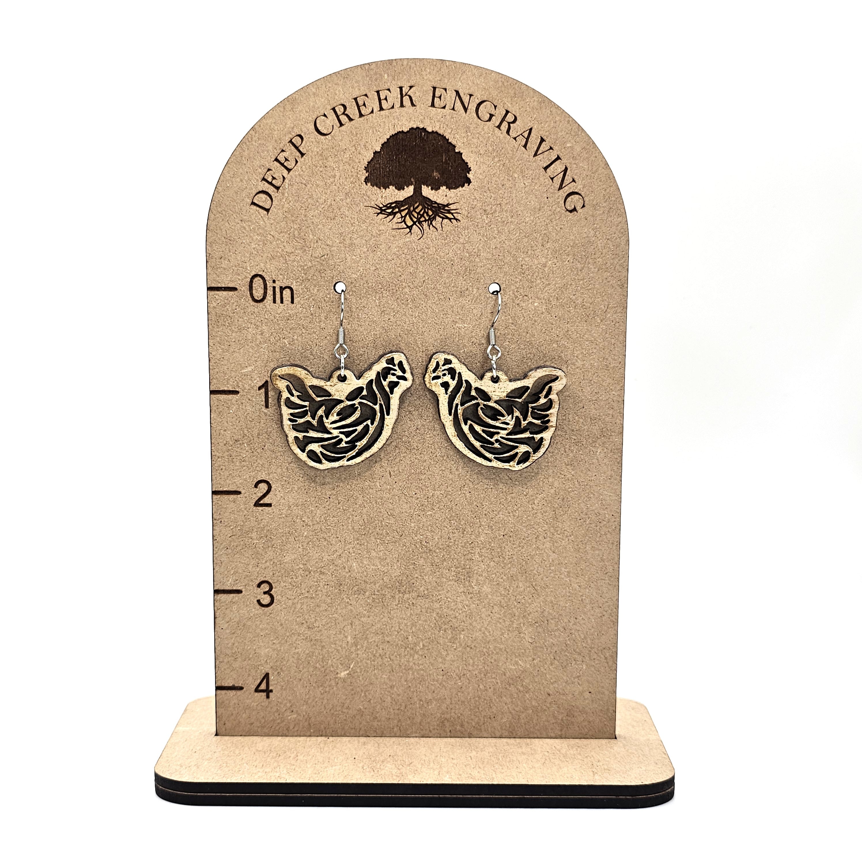 Rustic Hen Dangle Earrings | Laser Engraved | Surgical Steel - DEHPP14